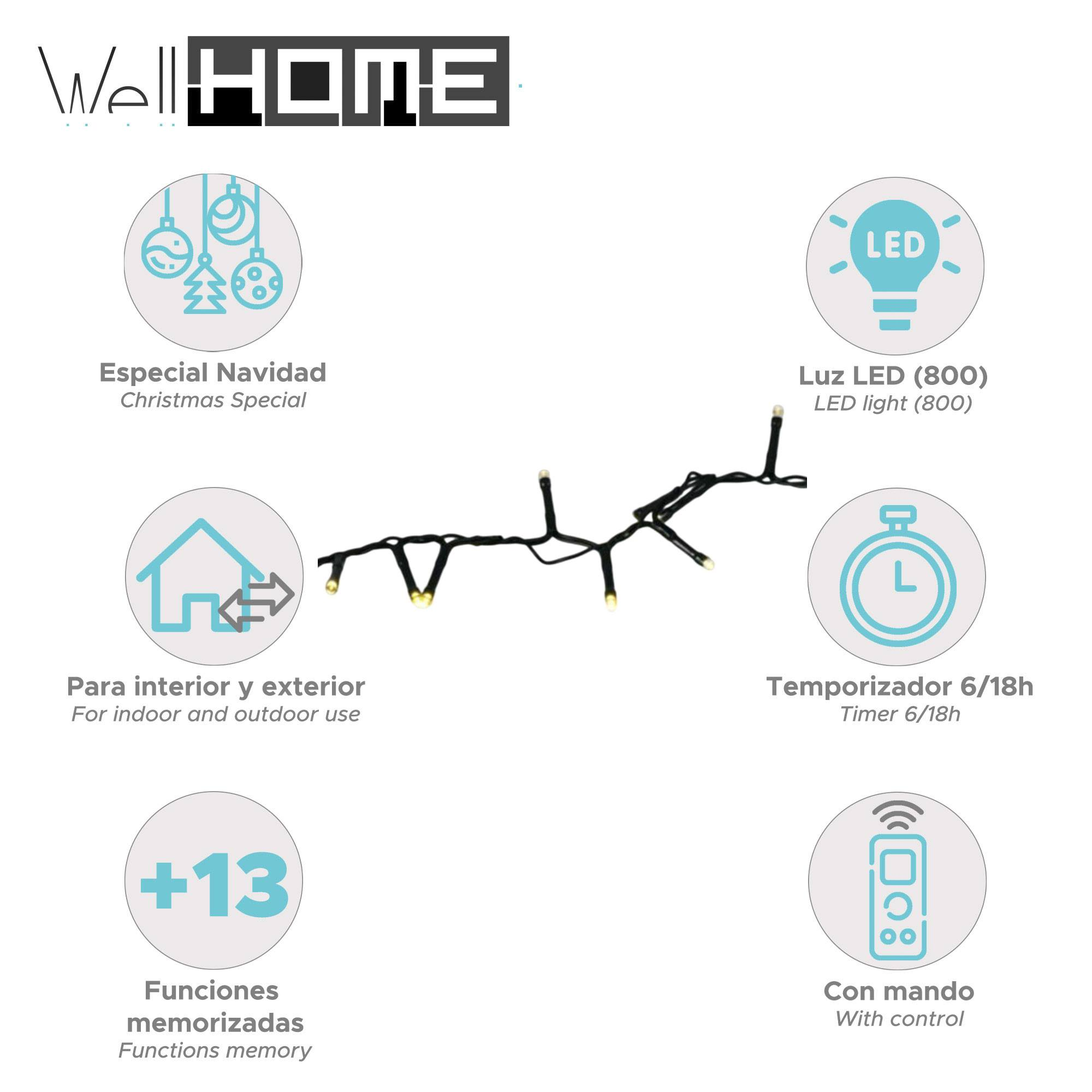 Luces de Navidad con múltiples funciones. Incluye temporizador, mando a distancia y funciones de memoria. Para uso interior y exterior.