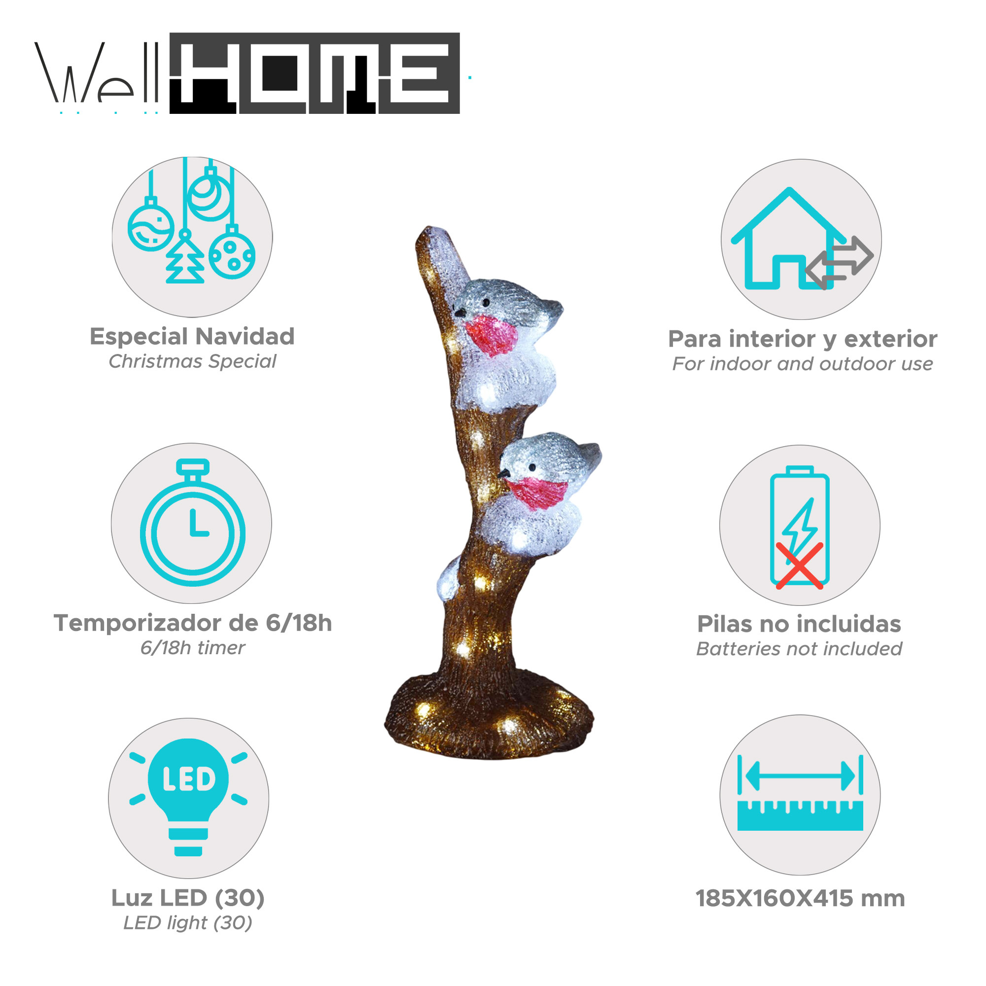 Una decoración navideña con dos figuras de pájaros sobre una base de madera, con el texto "Well HOME".