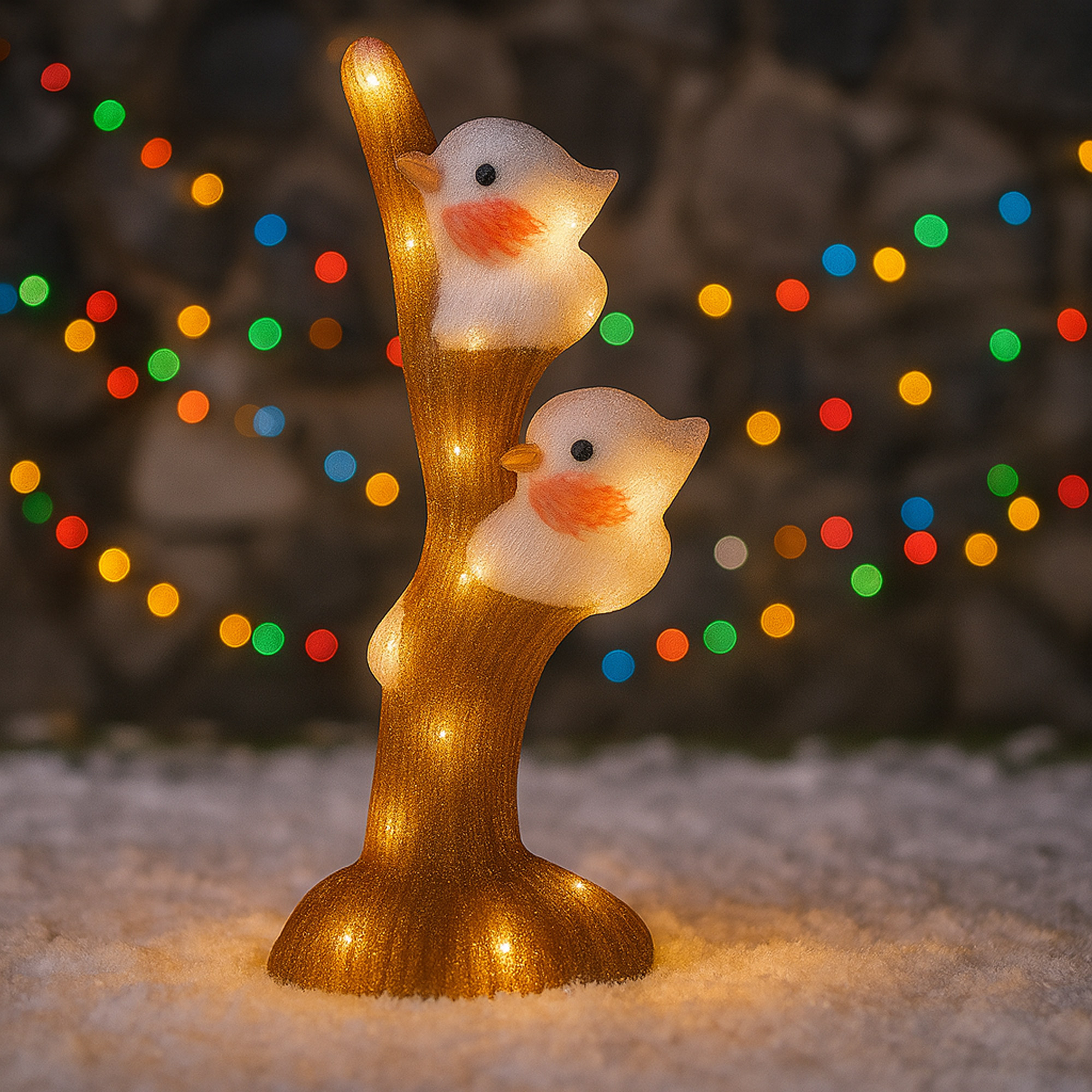 Una luz decorativa con forma de pájaros en una rama de árbol, con base nevada y luces de fondo coloridas.