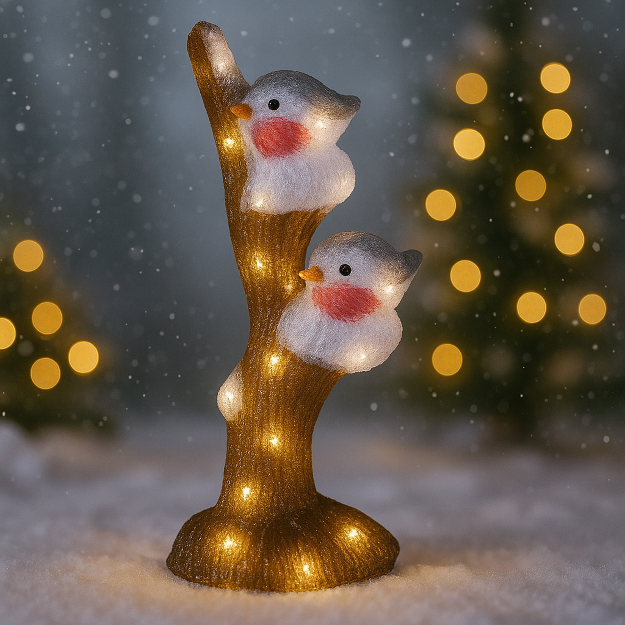 Una rama decorativa iluminada con dos adornos de pájaros, sobre un fondo nevado con luces bokeh.