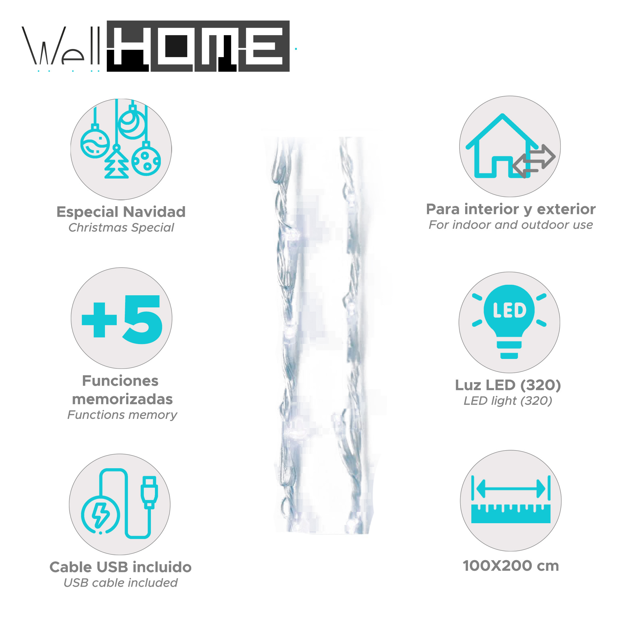 Producto blanco con decoraciones navideñas, luz LED, cable USB y dimensiones de 100x200 cm. Para uso interior y exterior.