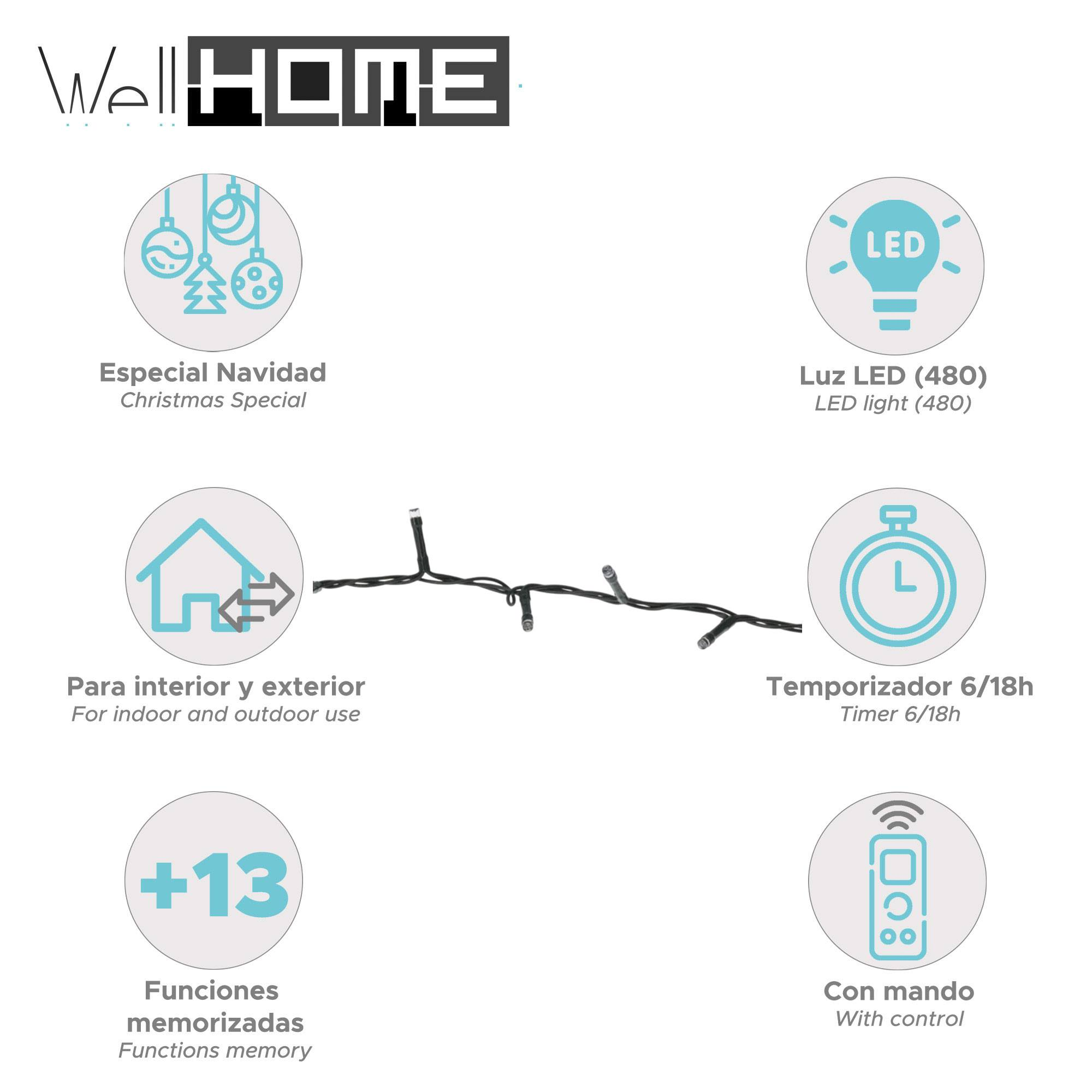Imagen del producto con el logo 'Well HOME' e iconos que describen las características de las luces navideñas: LED, temporizador, control, funciones e interior/exterior.