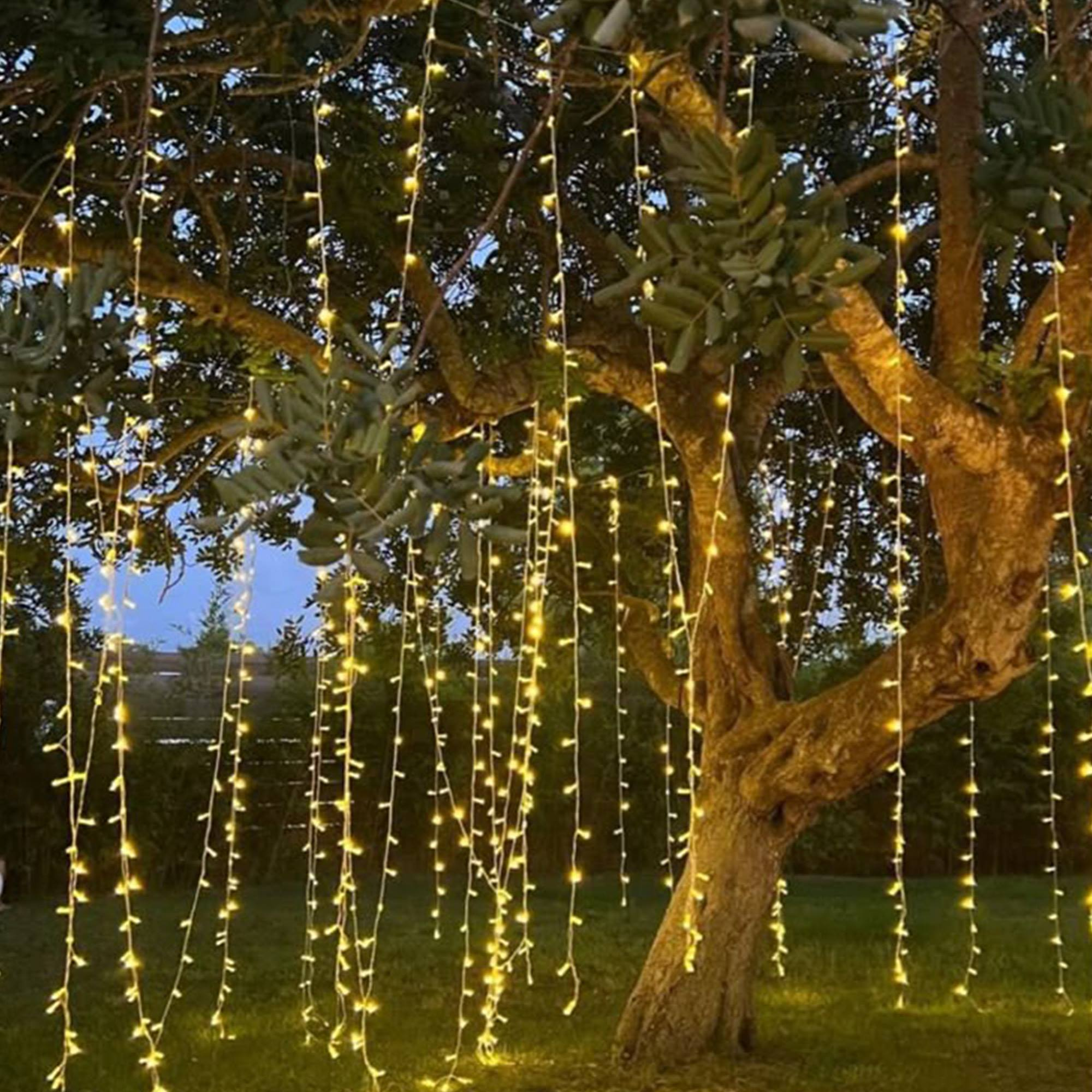 Un árbol decorado con hileras de pequeñas luces amarillas cálidas. El fondo muestra una noche oscura y un césped.