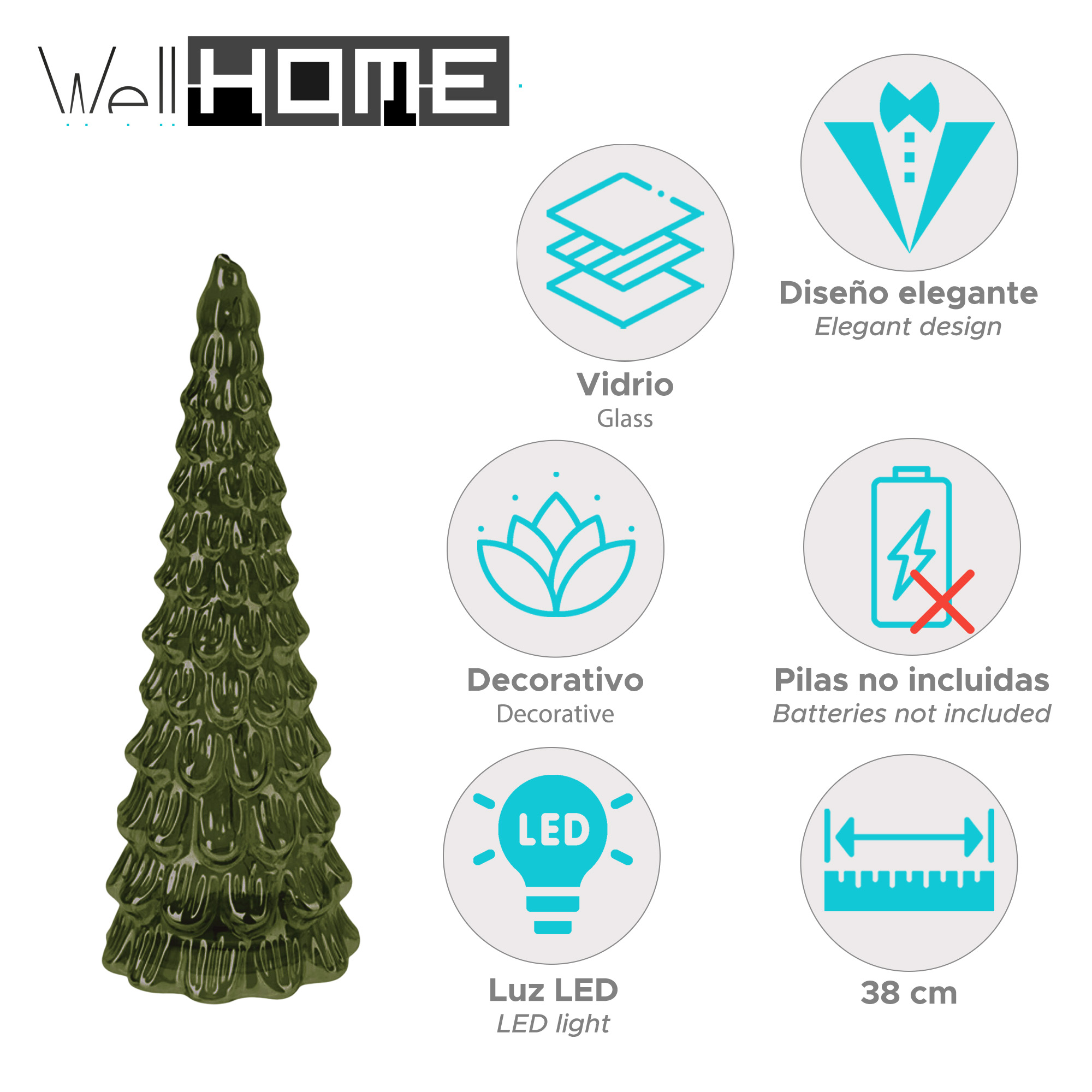 Un árbol de Navidad decorativo verde, hecho de vidrio. El texto incluye 'luz LED', '38 cm' y otros elementos de diseño.