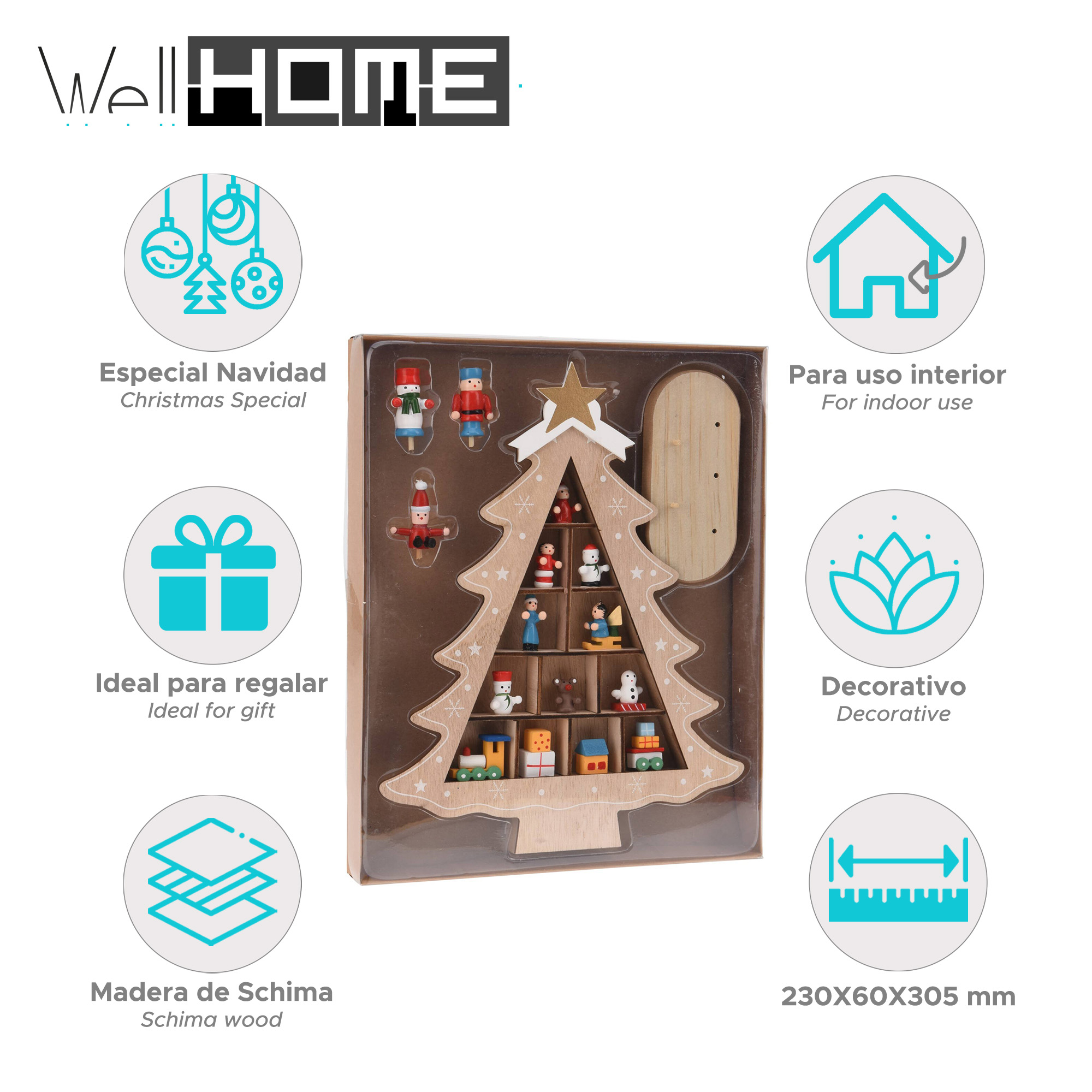Un árbol de Navidad de madera con pequeñas figuras en su interior. Es un artículo decorativo para interiores, 230x60x305 mm.