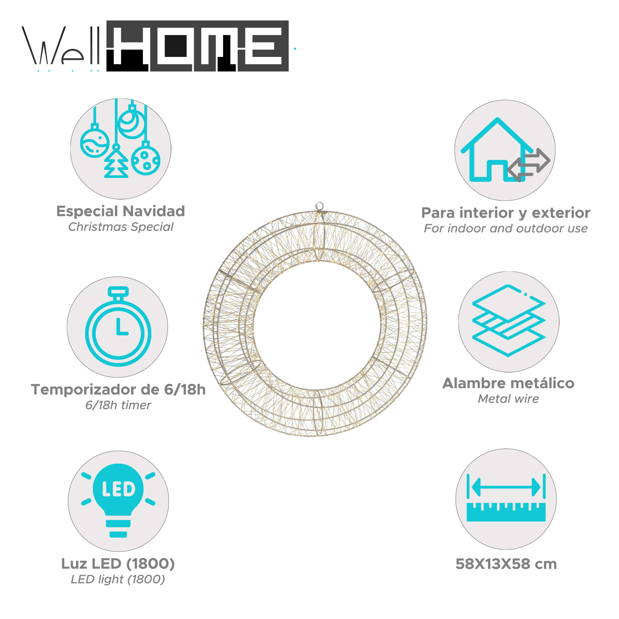 Una corona navideña con texto e iconos. Incluye especial navideño, temporizador, luz LED, uso interior/exterior, alambre metálico y dimensiones.