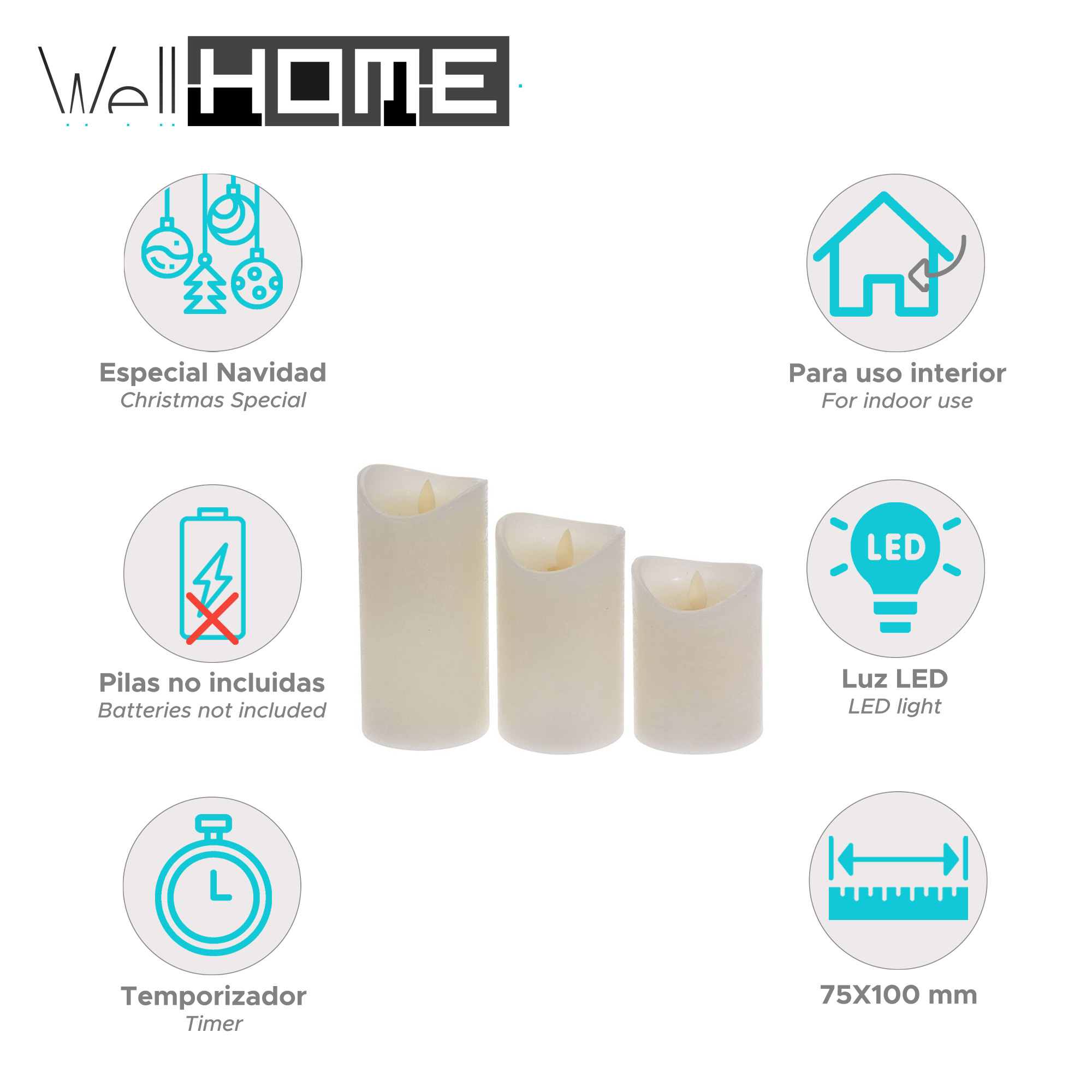 Juego de tres velas LED color marfil con iconos que indican Navidad, uso interior, baterías no incluidas y temporizador.