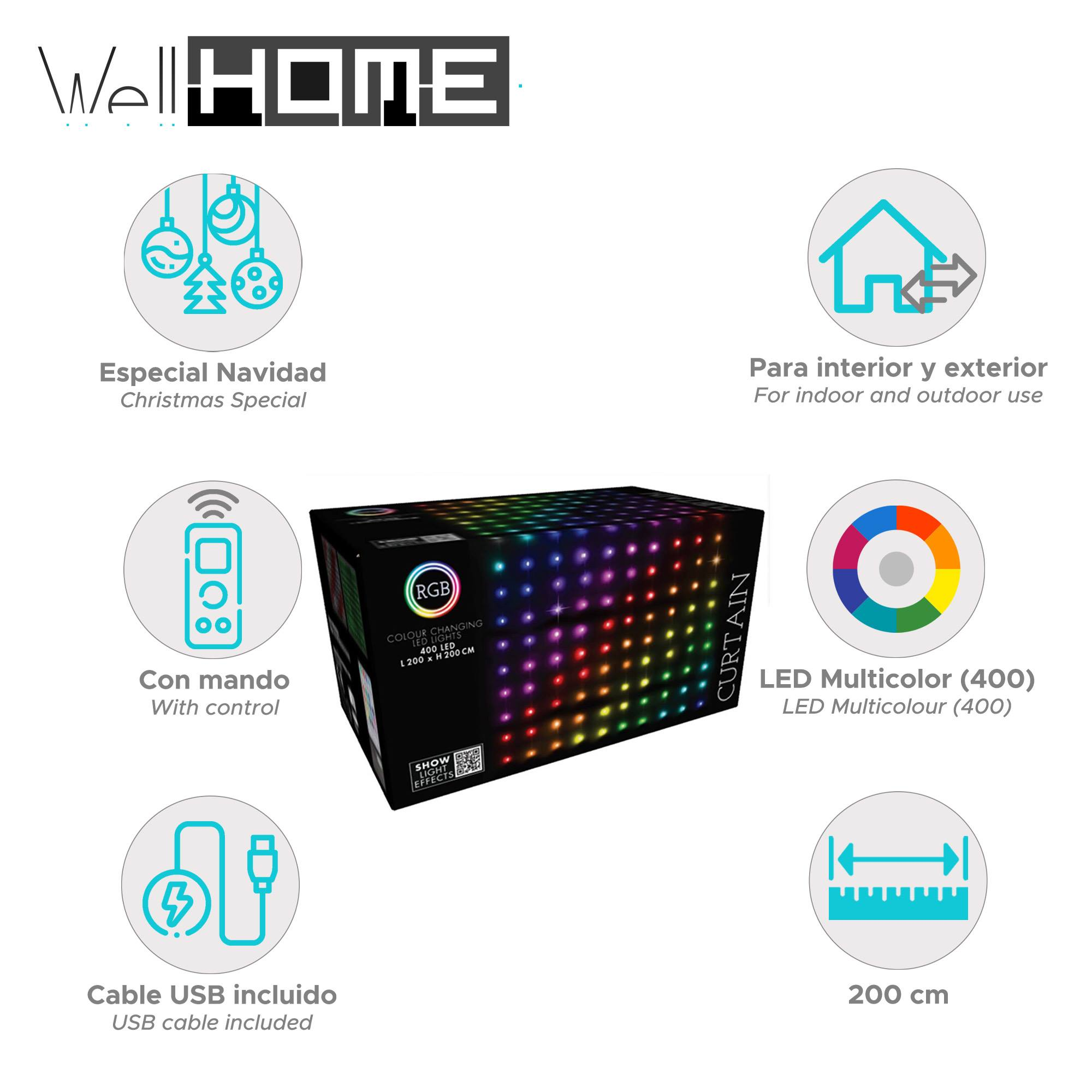 Una caja de luces LED de colores con iconos para Navidad, uso interior/exterior, control, cable USB y tamaño.