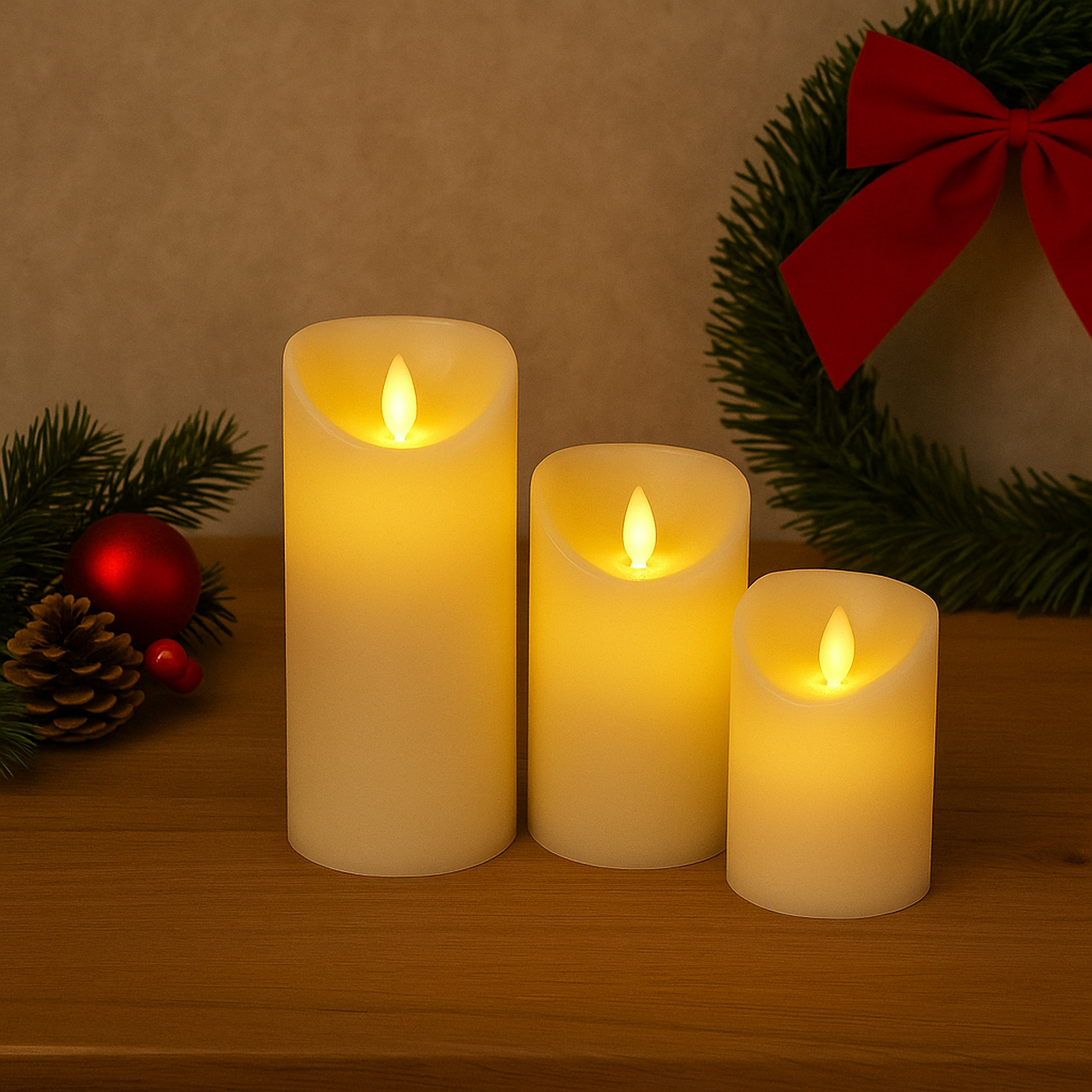 Tres velas encendidas de diferentes tamaños sobre una superficie de madera, con adornos navideños y una corona de fondo.