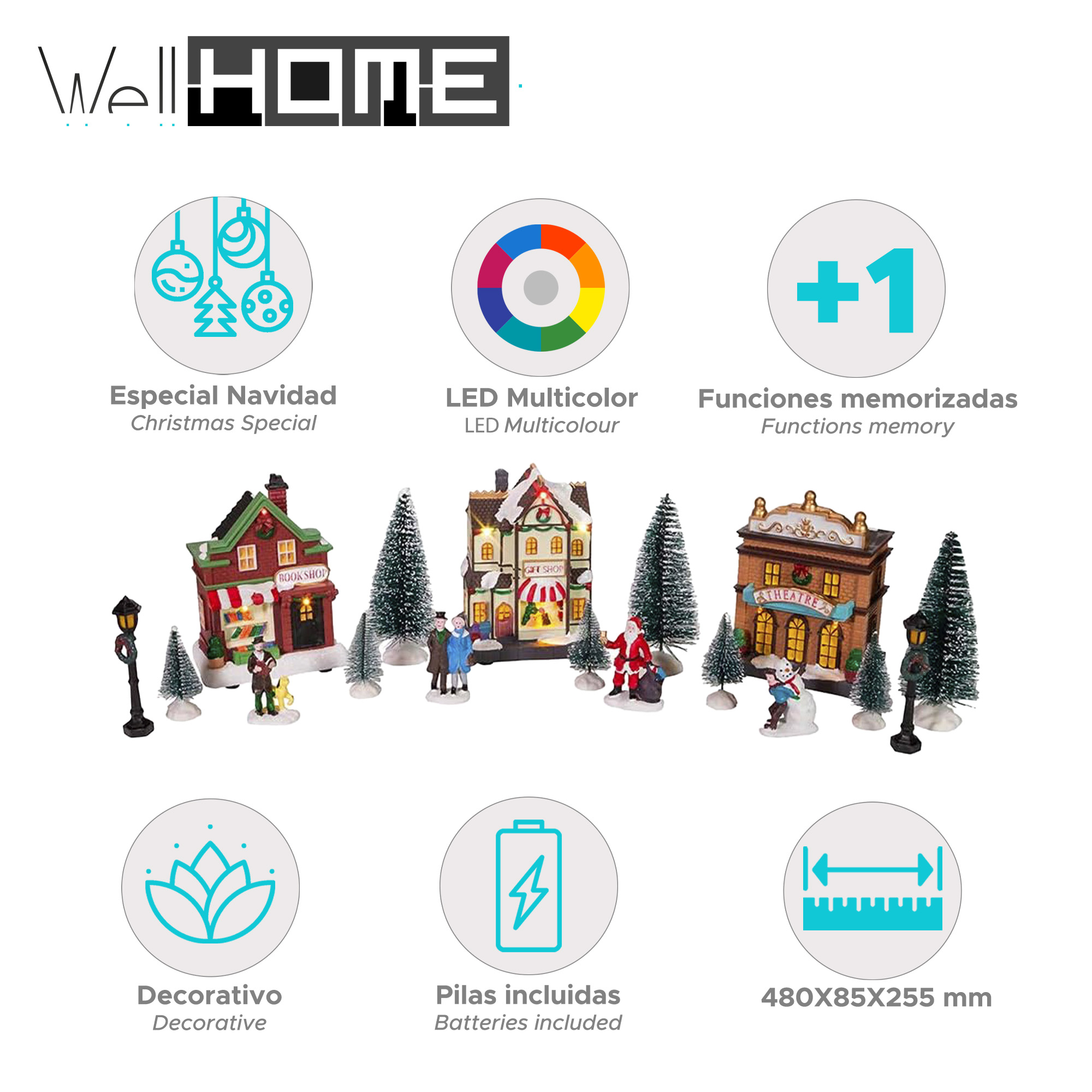 Escena de pueblo navideño con casas, árboles y figuras. El texto incluye 'Christmas Special', 'LED Multicolor' y dimensiones.