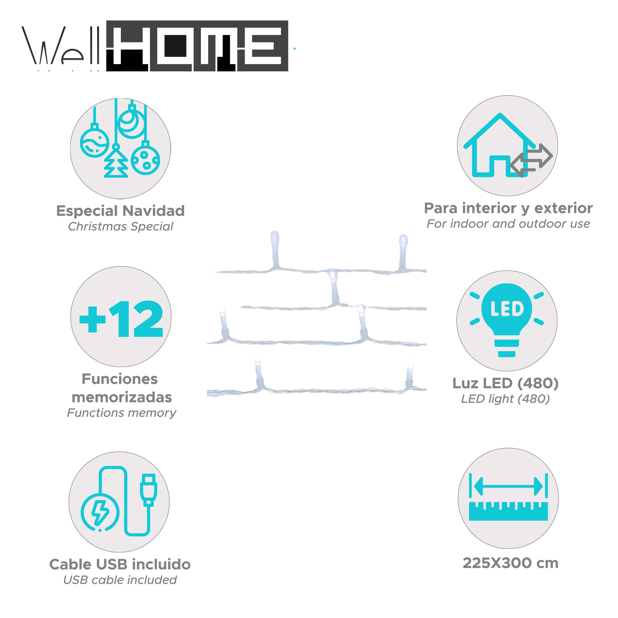 Luces navideñas blancas con varios iconos: adornos navideños, casa, funciones de memoria, luz LED, cable USB y dimensiones.