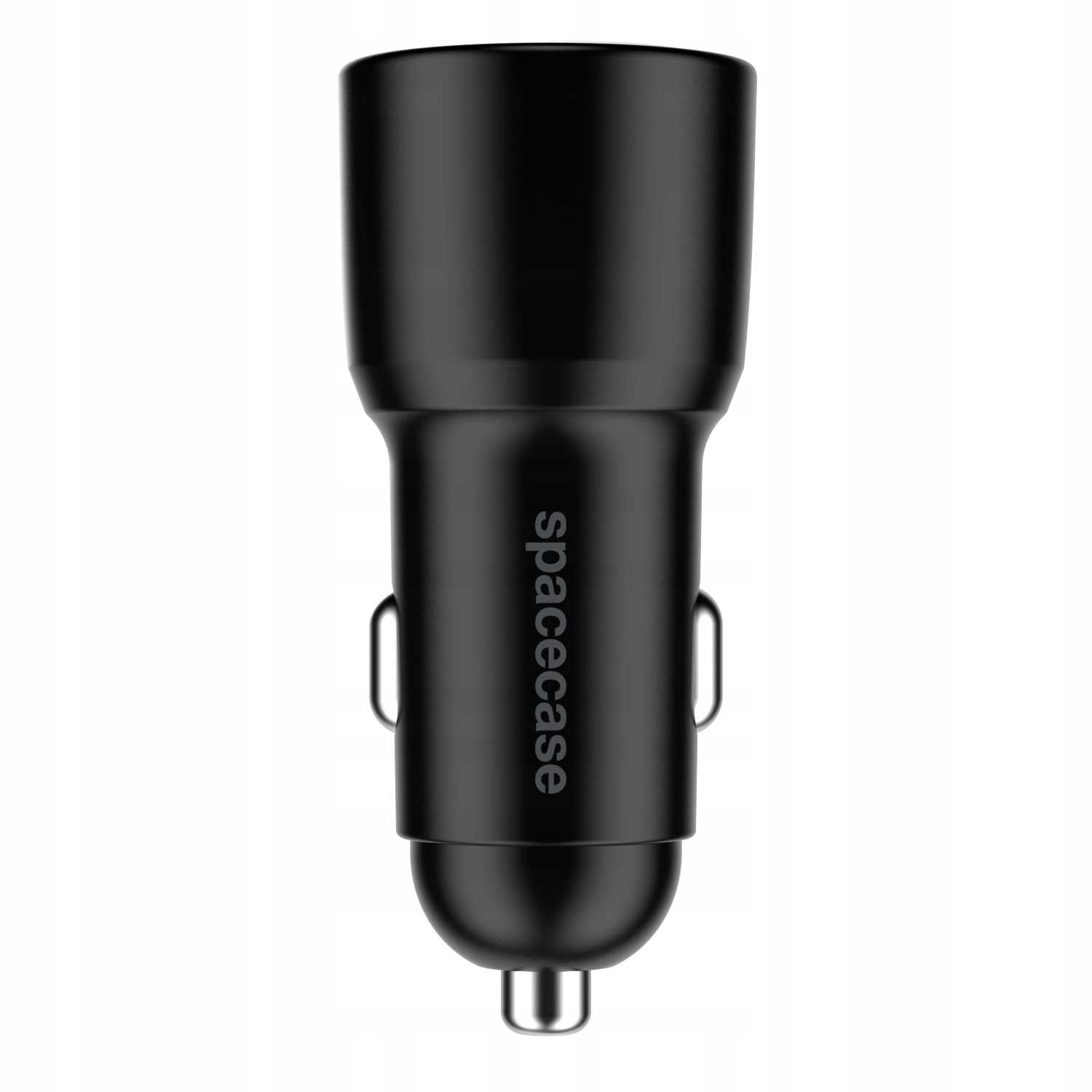 Czarna ładowarka samochodowa z napisem 'spacecase'. Ma cylindryczny kształt z portem USB na dole.