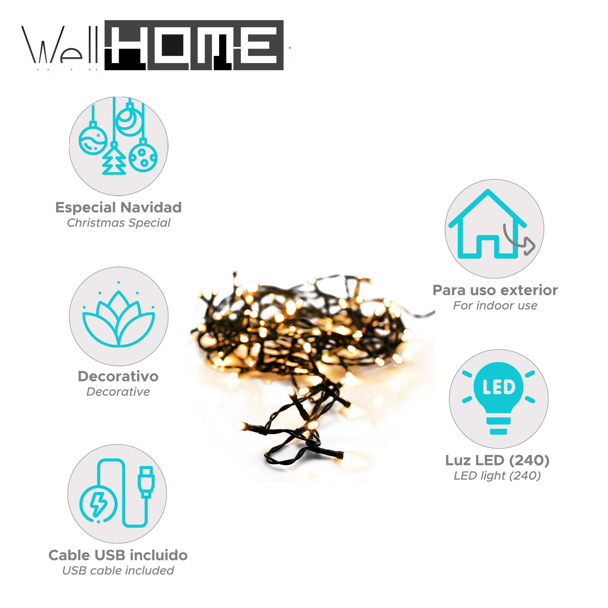 Un juego de luces navideñas, con iconos y el logo Well Home. Texto: 'Especial Navidad' y 'Cable USB incluido'.
