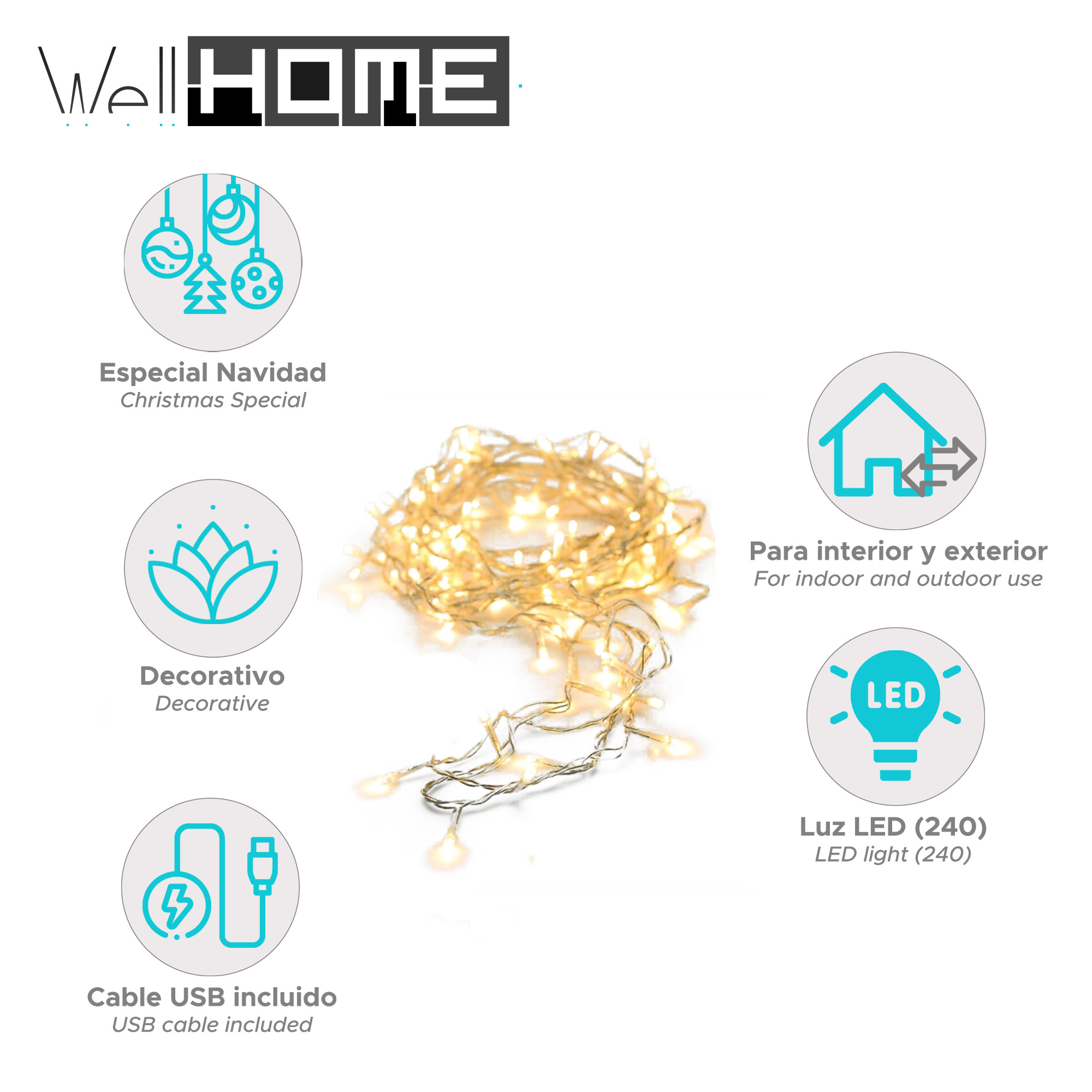 Una cadena de luces LED blanco cálido. Los iconos indican Navidad, uso decorativo, cable USB, interior/exterior e iluminación LED.