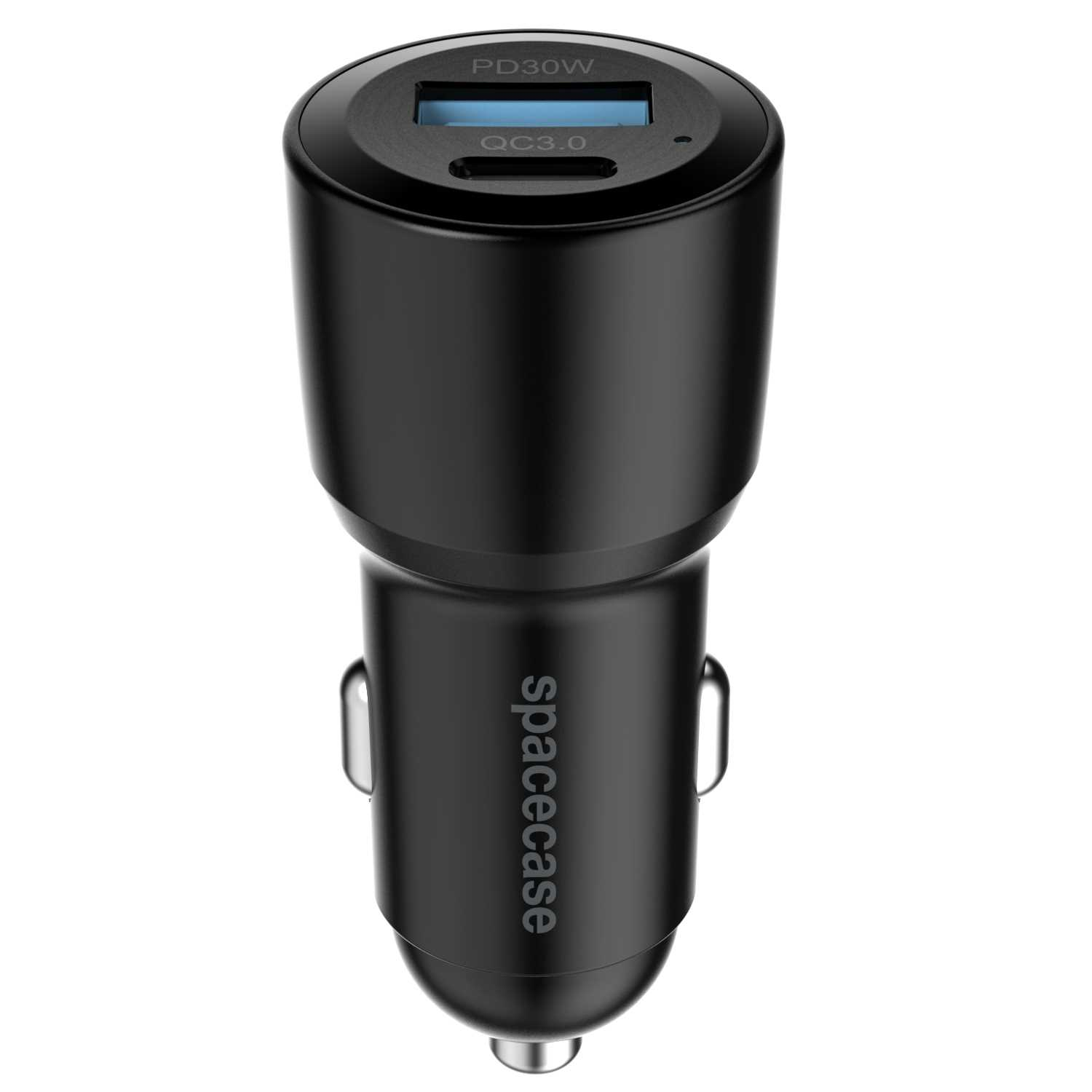Czarna ładowarka samochodowa z portem USB. Ładowarka jest oznaczona jako 'PD30W' i 'QC3.0'. Widoczna jest nazwa marki 'spacecase'.