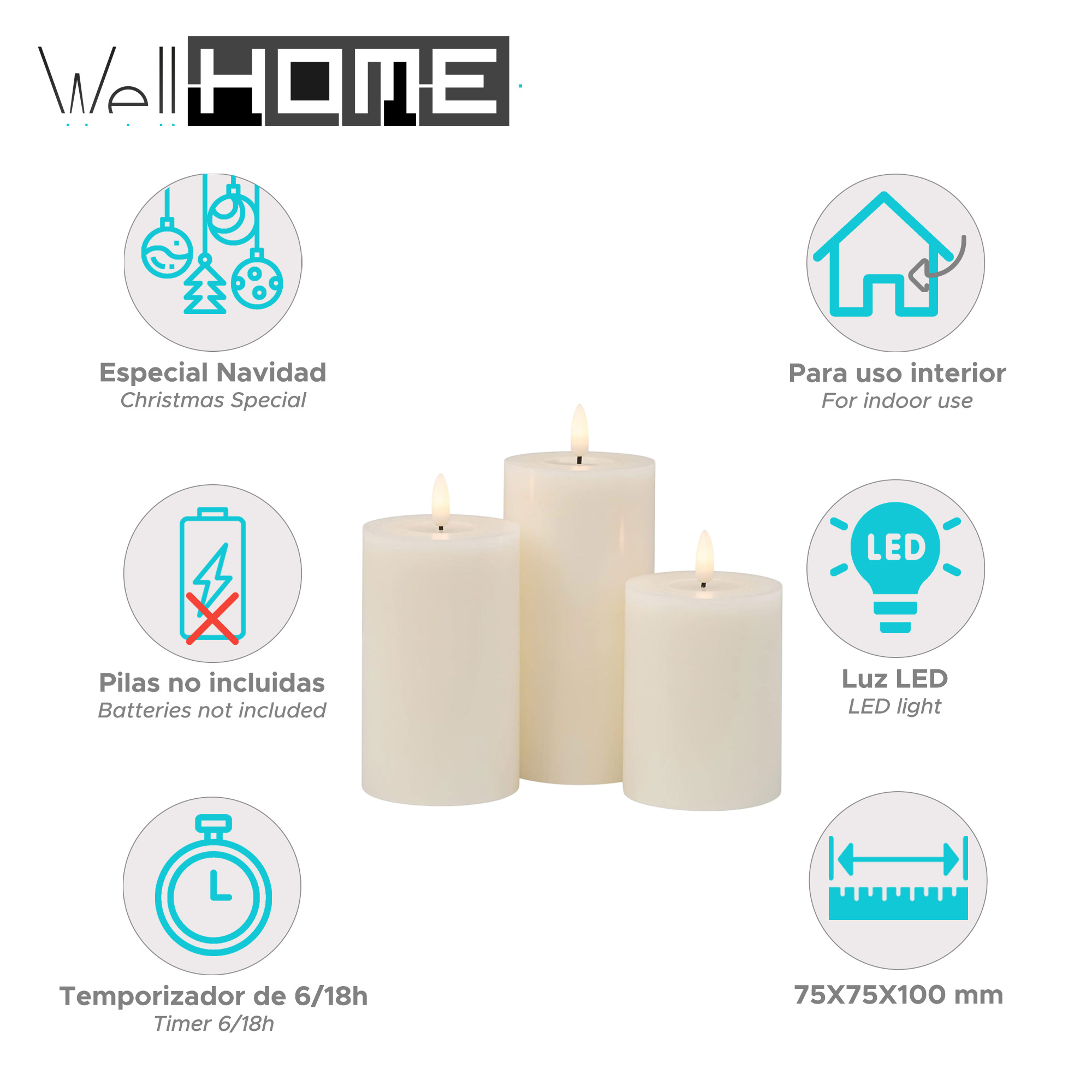 Tres velas LED marfil con llamas parpadeantes. Varios iconos las rodean, incluyendo Navidad, temporizador y detalles de tamaño.
