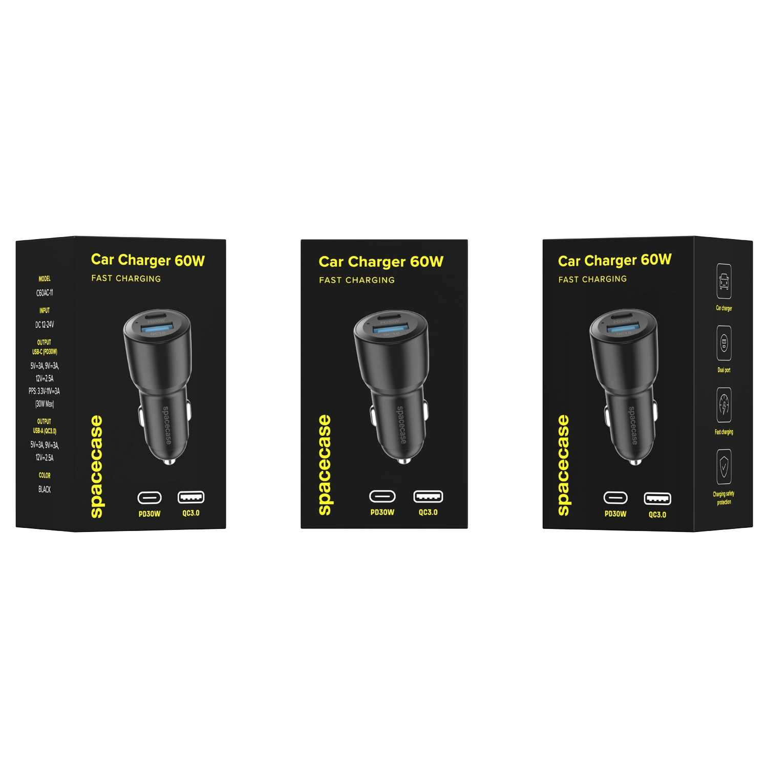 Trzy czarne ładowarki samochodowe z portami USB. Tekst na pudełkach: 'Car Charger 60W' i 'spacecase'.
