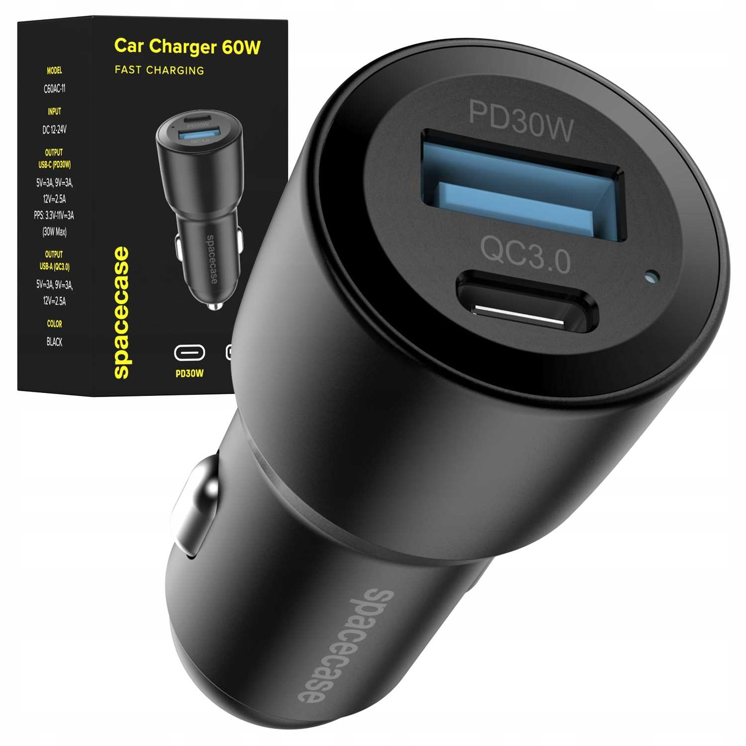 Czarna ładowarka samochodowa z logo 'spacecase'. Posiada porty USB-C i USB-A, oznaczone 'PD30W' i 'QC3.0'. Widoczne jest opakowanie.