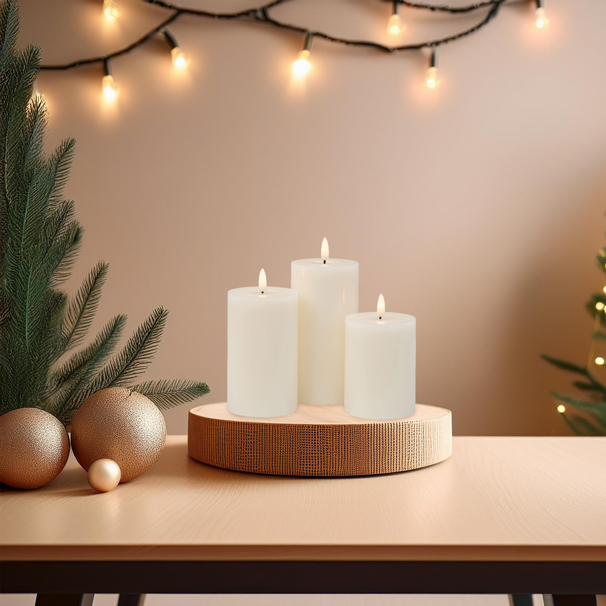 Tres velas encendidas sobre un soporte de madera. Adornos y un pequeño árbol de Navidad en la mesa. Luces de cadena en el fondo.