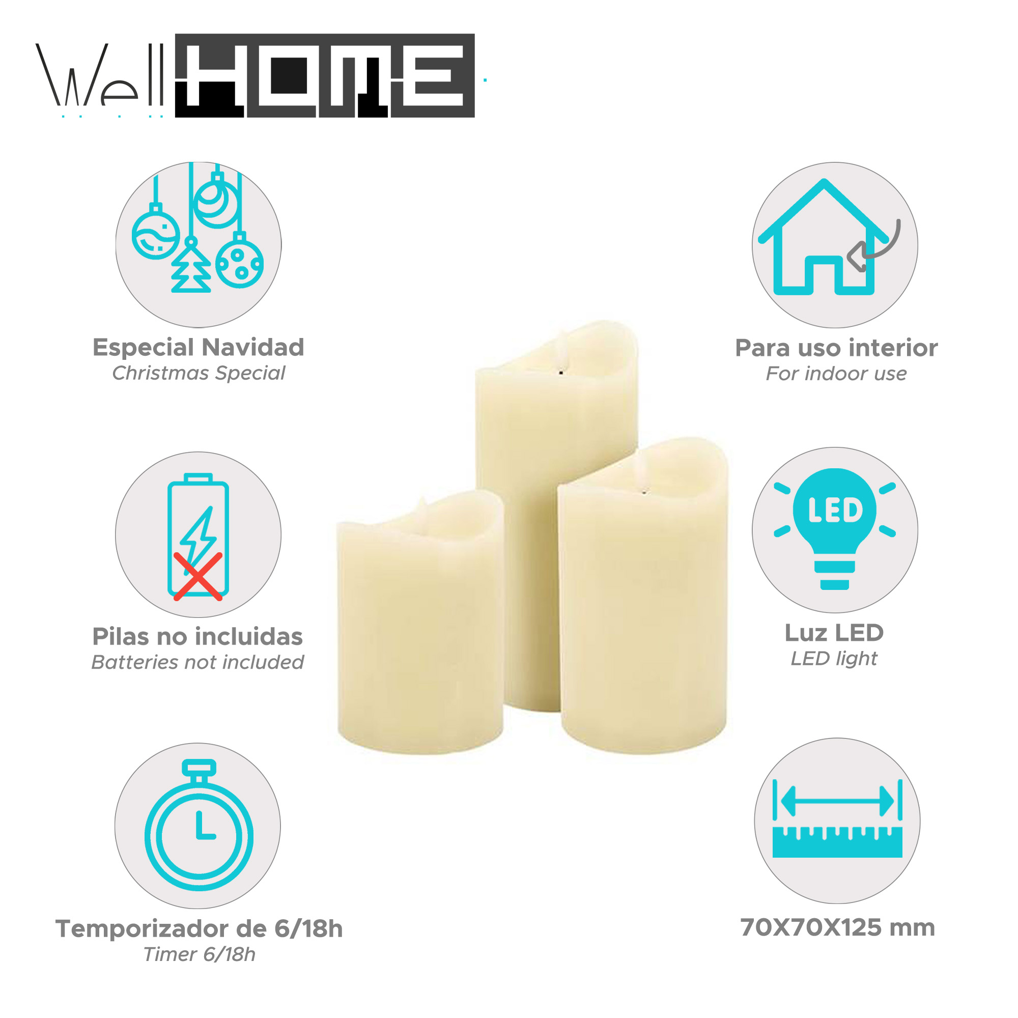 Tres velas LED crema con detalles del producto e iconos, incluyendo temporizador, tamaño y especial de Navidad.