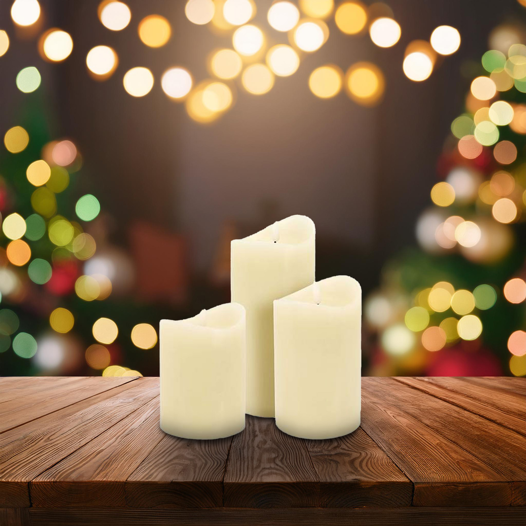 Tres velas color crema sobre una mesa de madera. Fondo borroso con luces navideñas y un árbol.