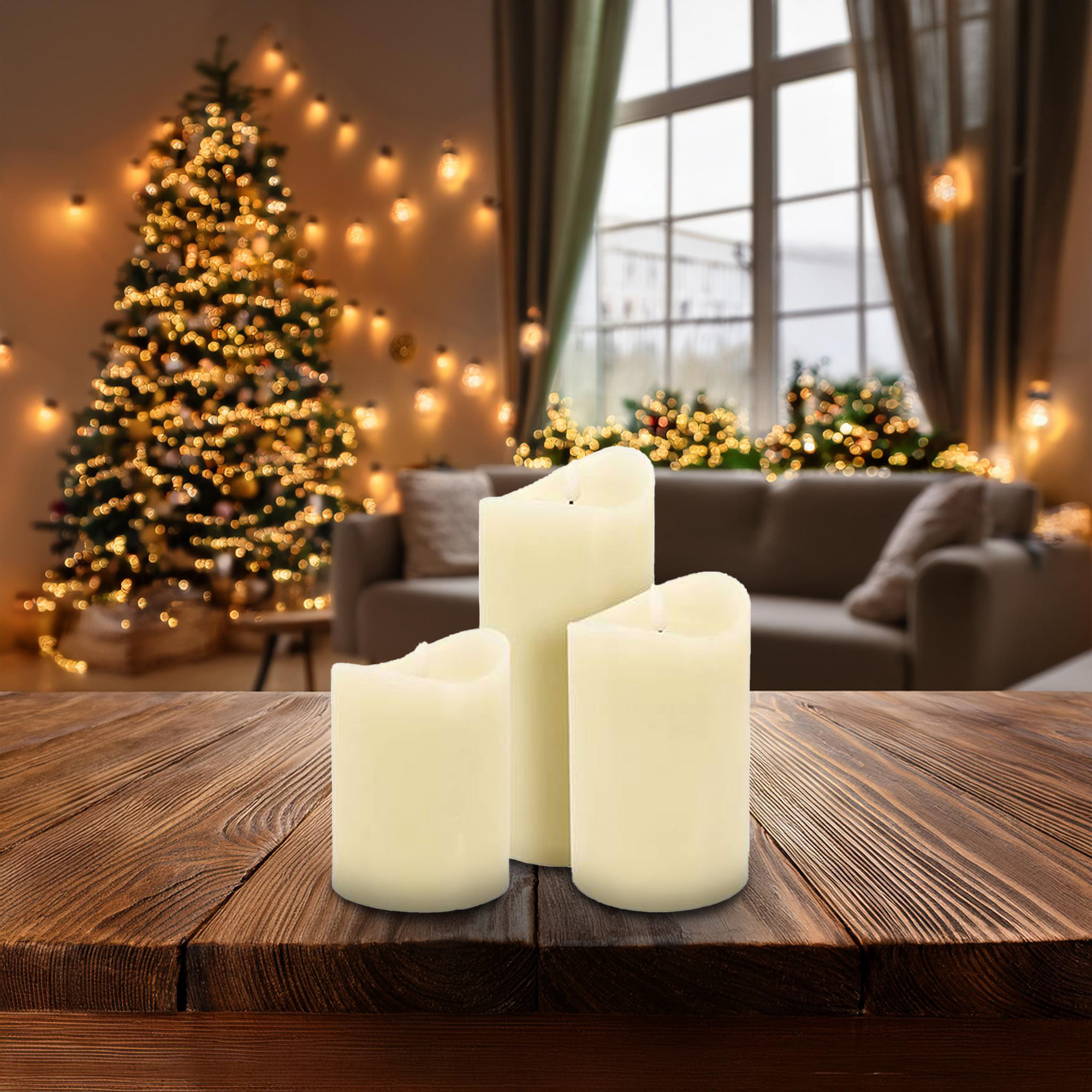 Tres velas color crema sobre una mesa de madera. Un árbol de Navidad con luces y un sofá en el fondo.