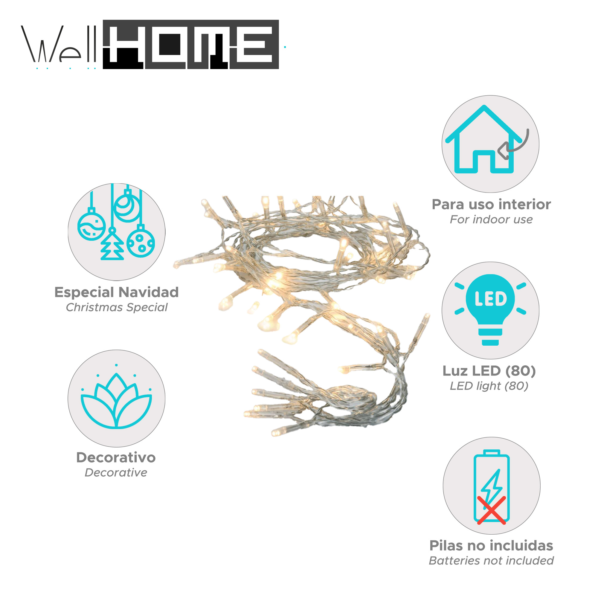Luces navideñas con bombillas, decorativas y para uso en interiores. Los textos describen las características del producto. Marca Well HOME.