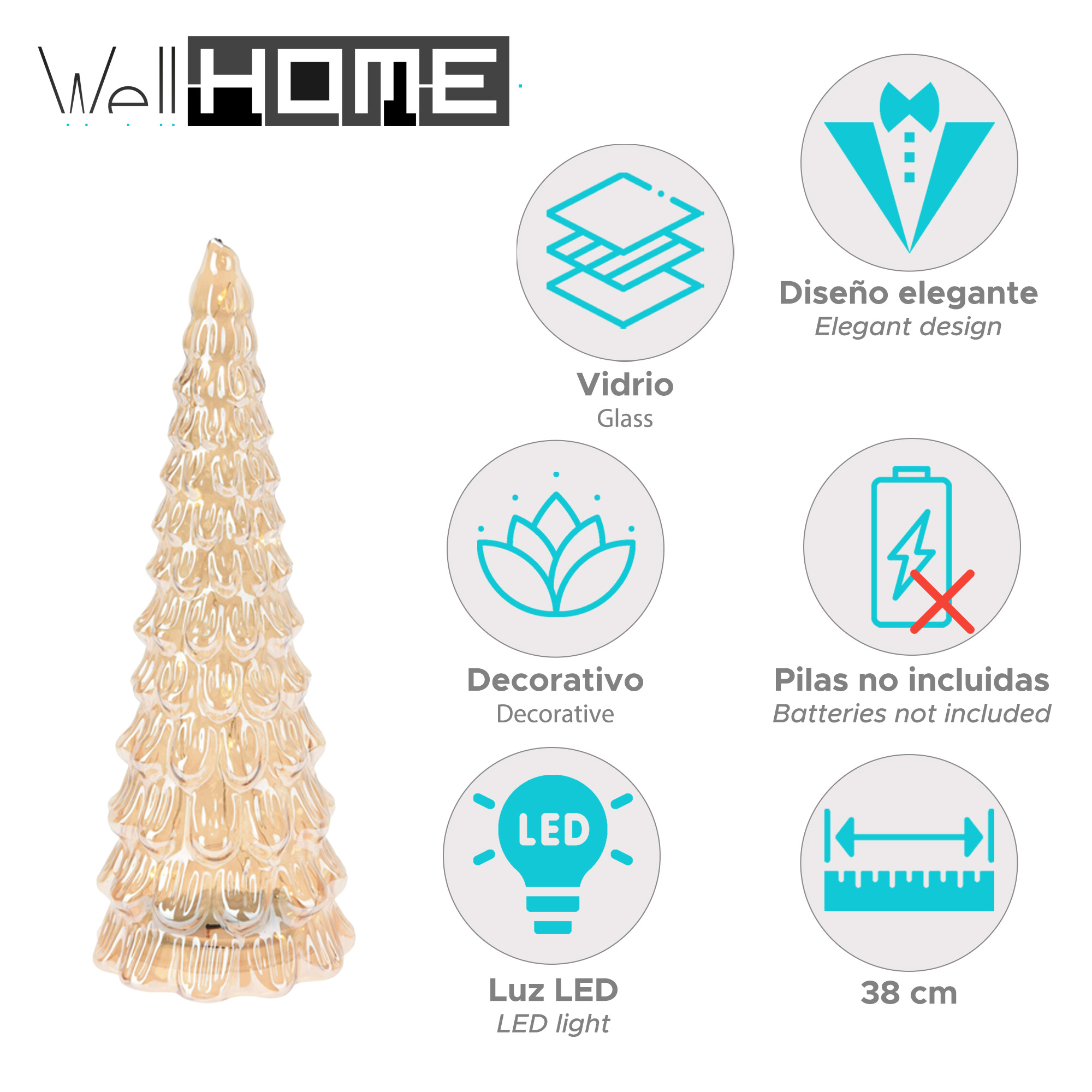 Un árbol de Navidad dorado de vidrio con luces LED, 38 cm, y elementos decorativos.