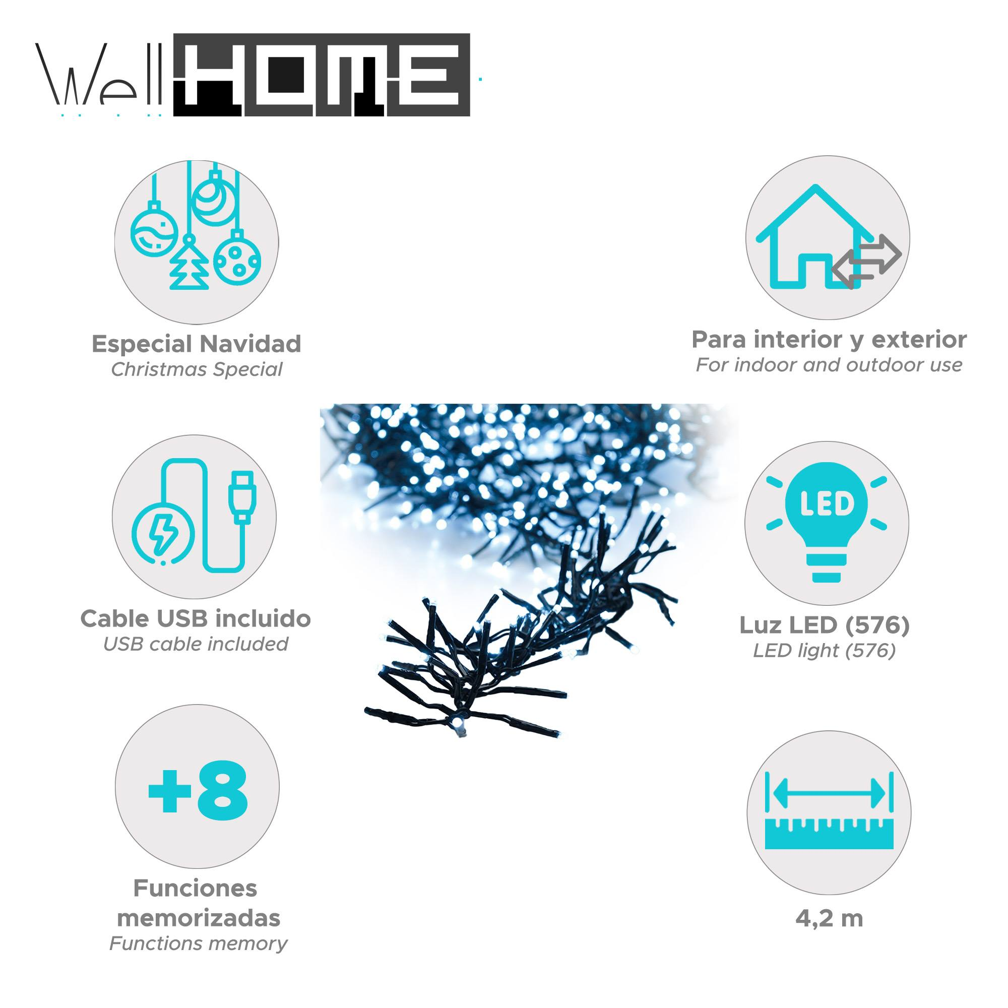 Luces navideñas con detalles del producto: cable USB, luz LED, funciones de memoria y una longitud de 4,2 m.