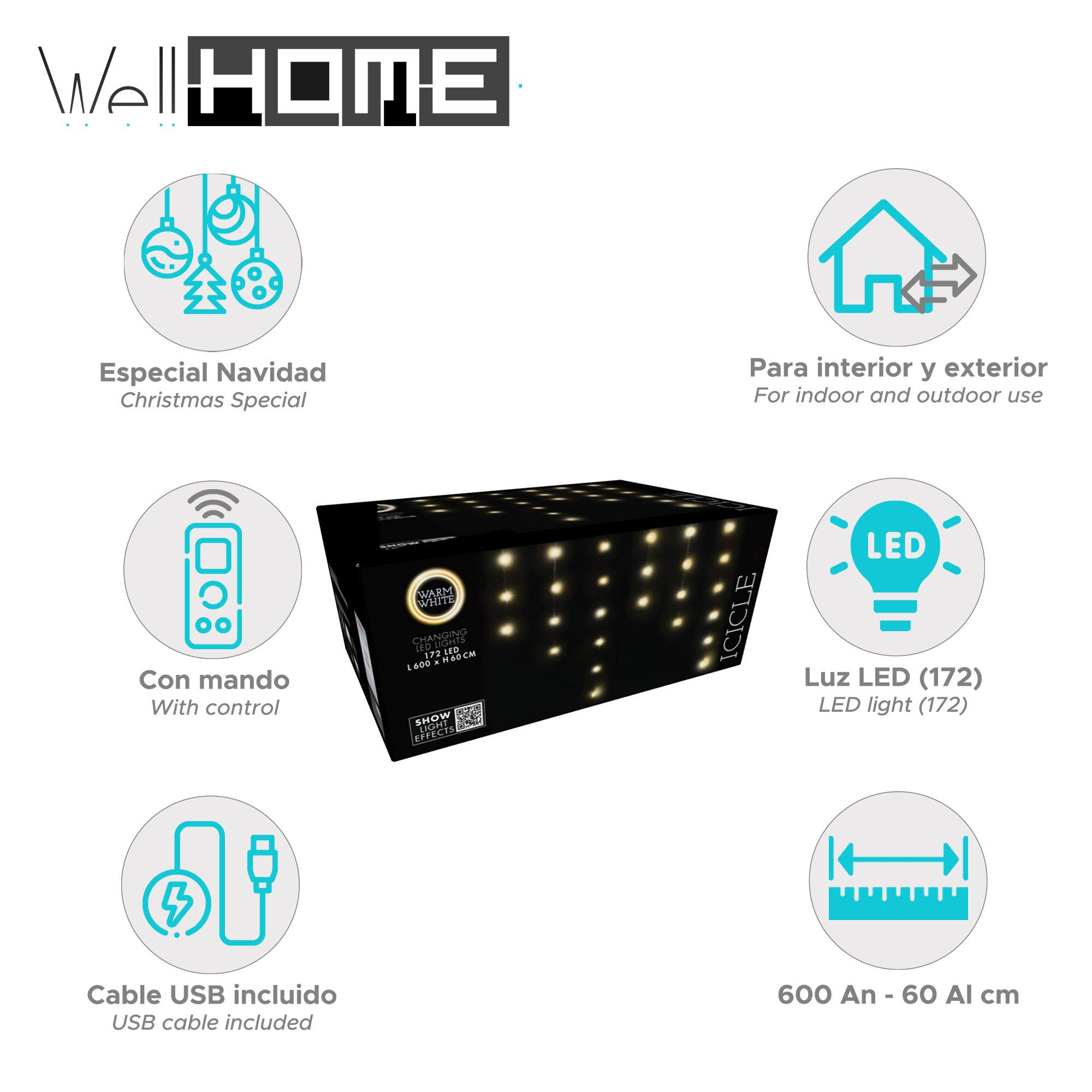 Caja de luces LED de carámbano para Navidad. Incluye cable USB y mando a distancia. Apto para uso interior y exterior.