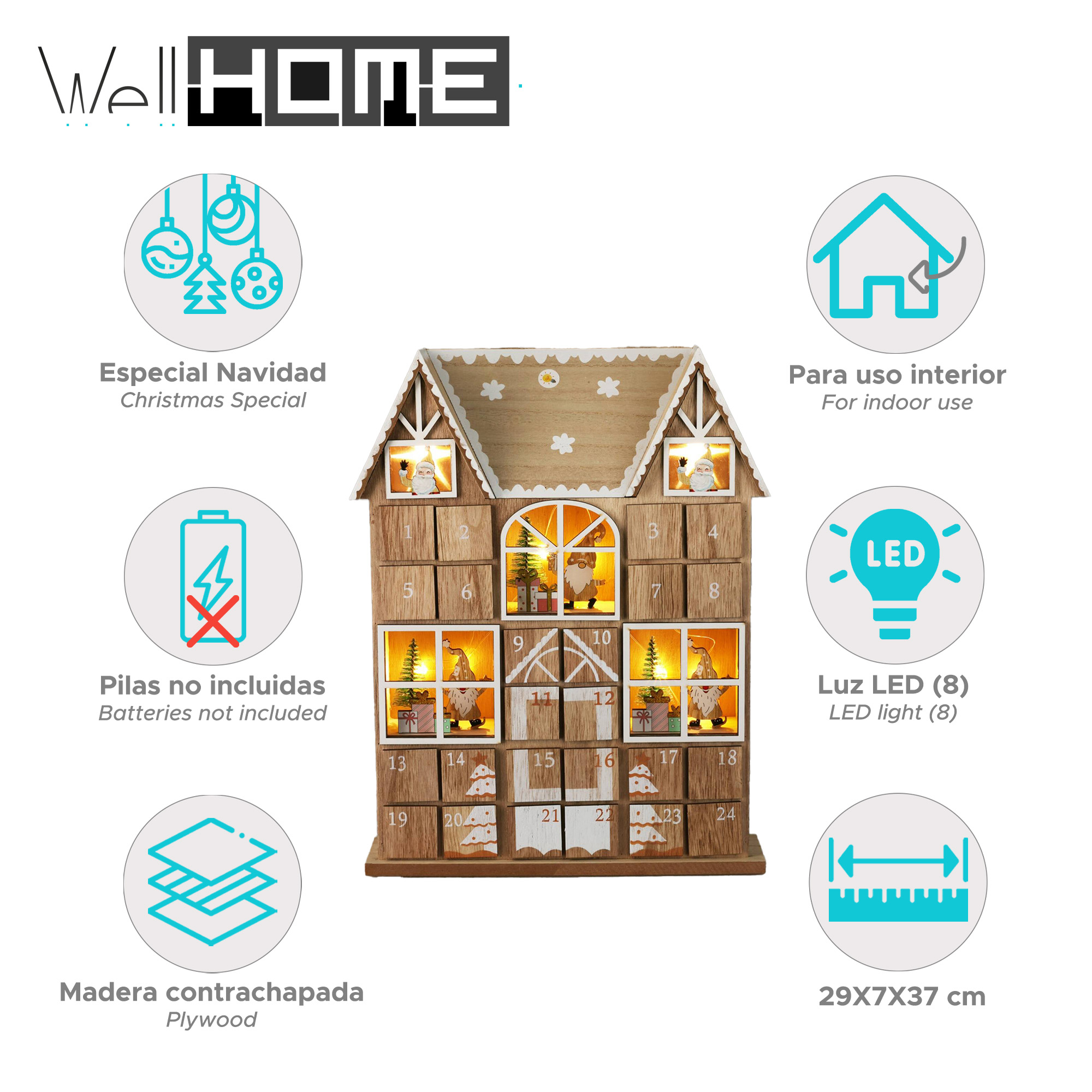Casa calendario navideño de madera con ventanas. Tiene luces LED, material de contrachapado y mide 29x7x37 cm.