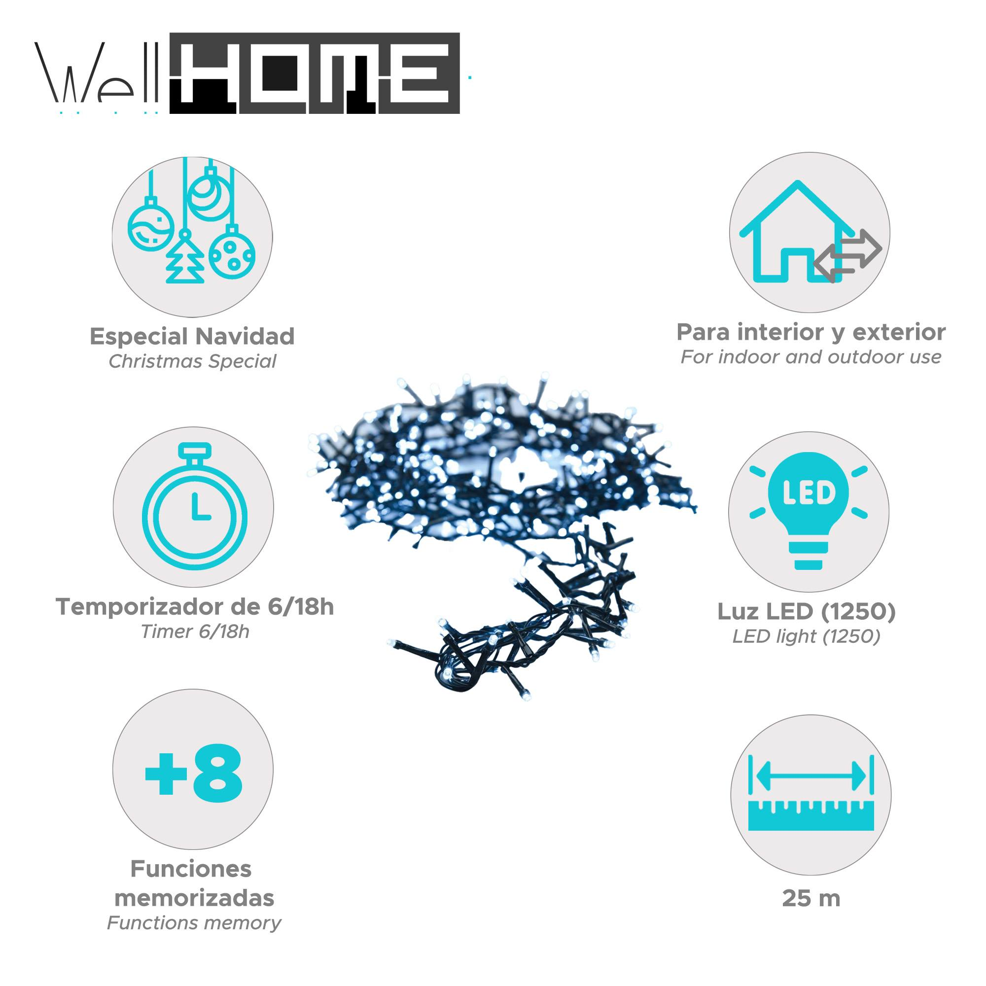 Una imagen del producto muestra luces navideñas con funciones como temporizador, luz LED y memoria de funciones. Es para uso interior/exterior.