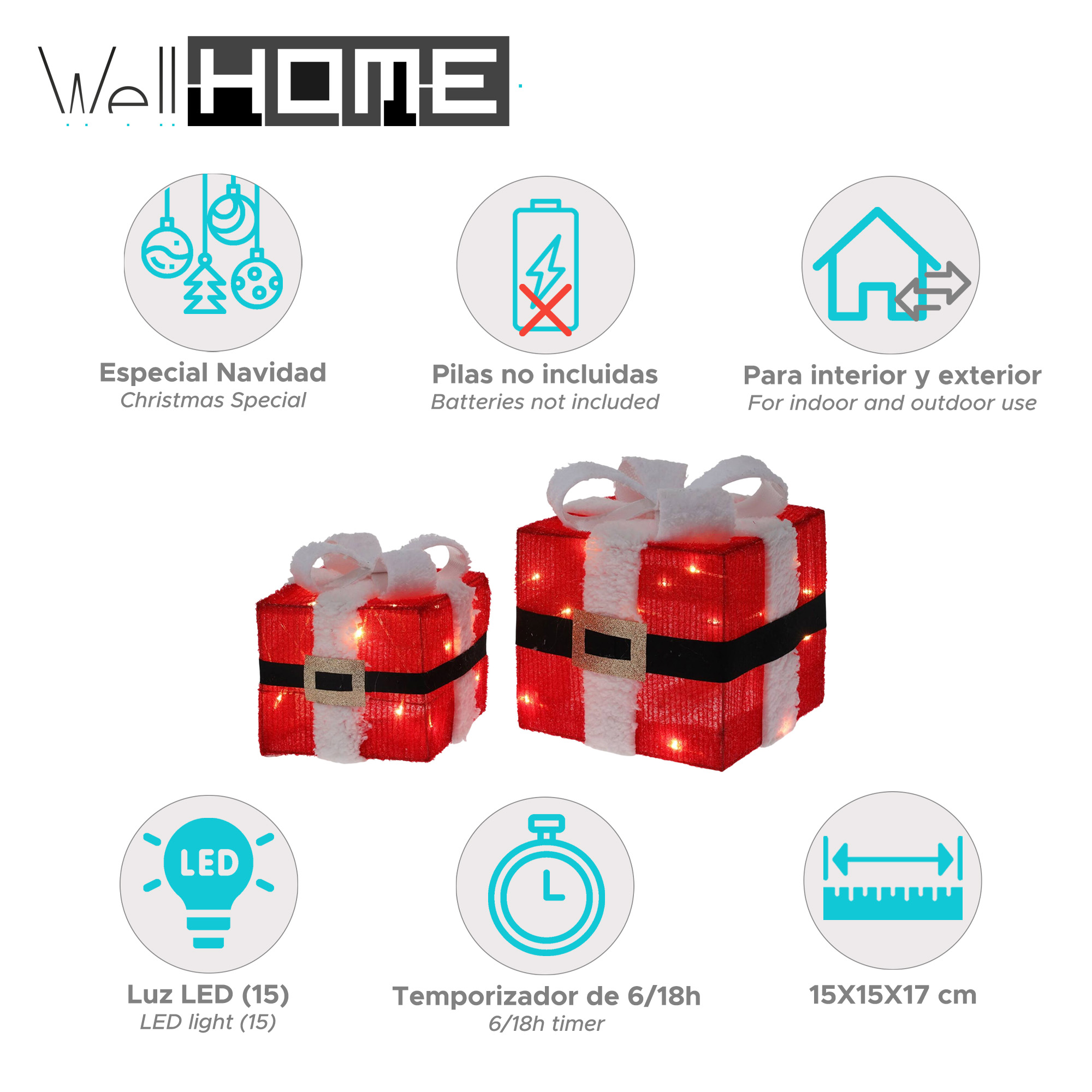 Decoraciones de regalos navideños rojos y blancos con luces LED. Incluye temporizador y dimensiones de 15x15x17cm.