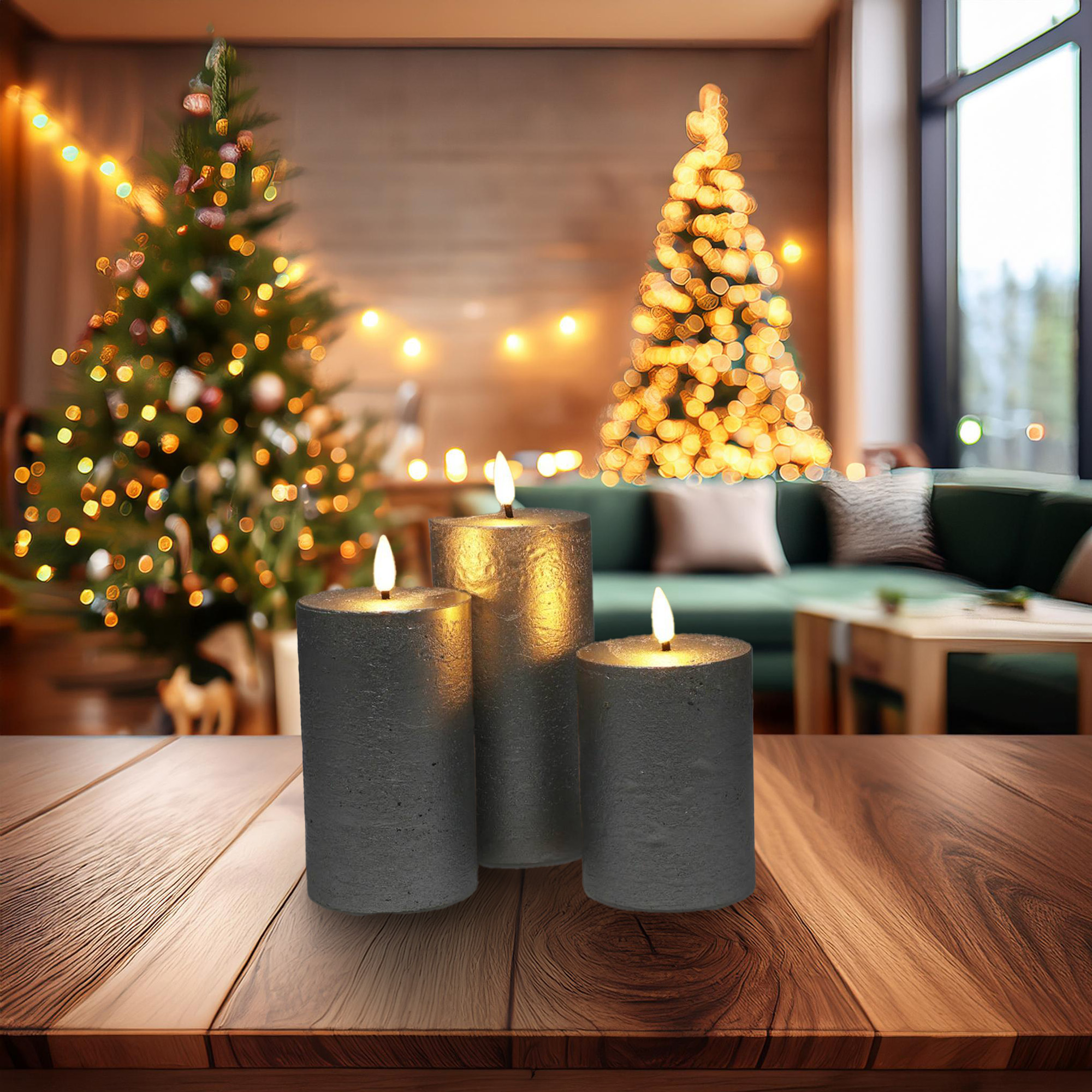 Tres velas grises encendidas sobre una mesa de madera, árboles de Navidad con luces al fondo, salón acogedor.