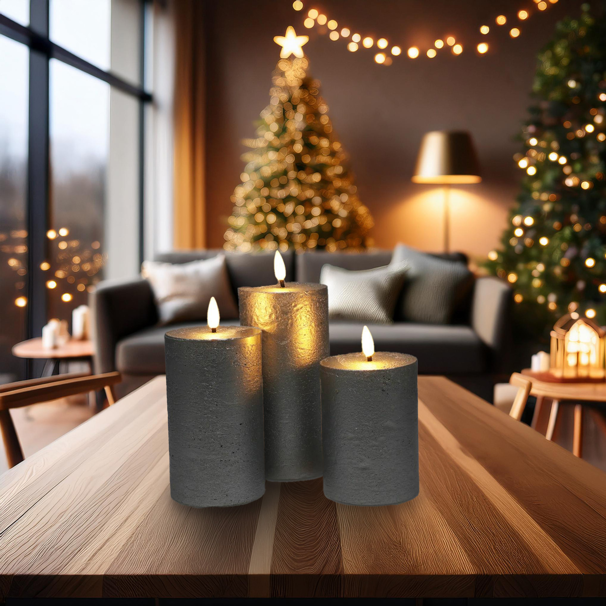 Tres velas grises encendidas sobre una mesa de madera. Árbol de Navidad y luces de hadas al fondo. Interior acogedor.