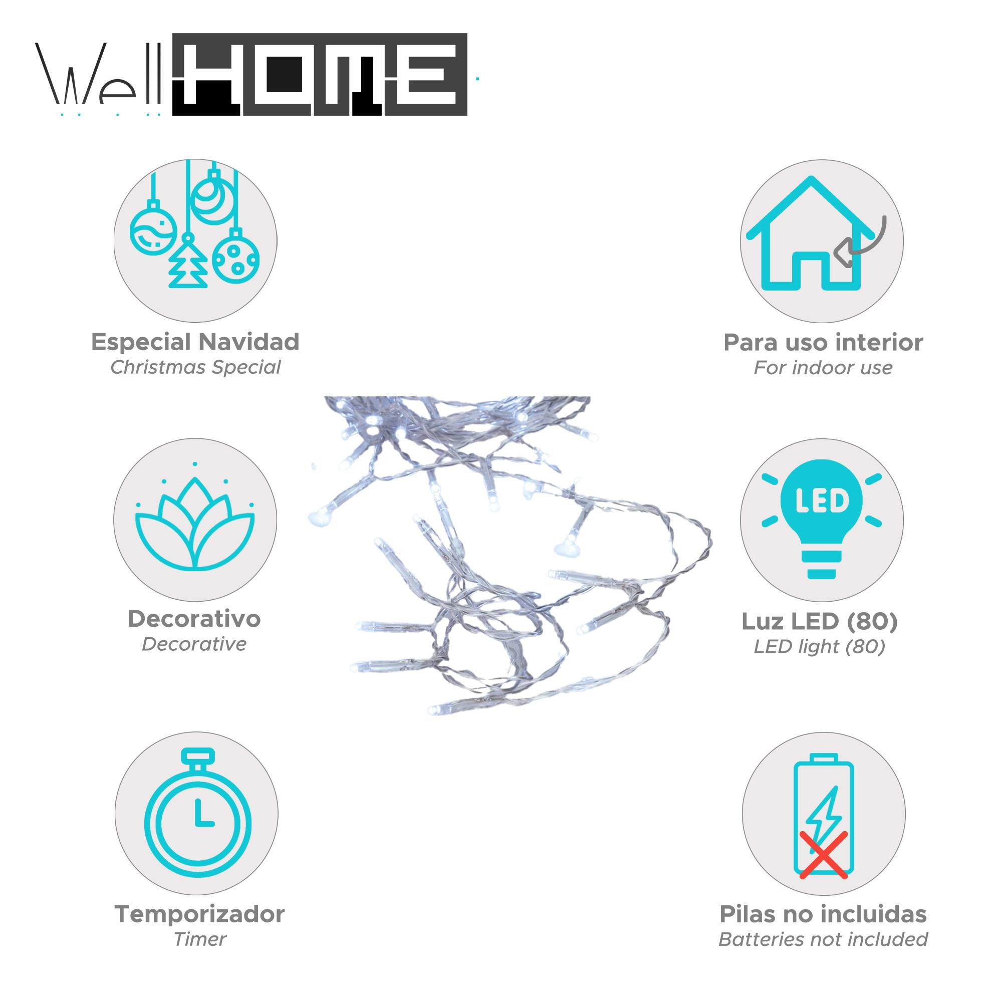 Imagen de luces navideñas con varios iconos: uso interior, luz LED, temporizador, decorativo, pilas no incluidas.