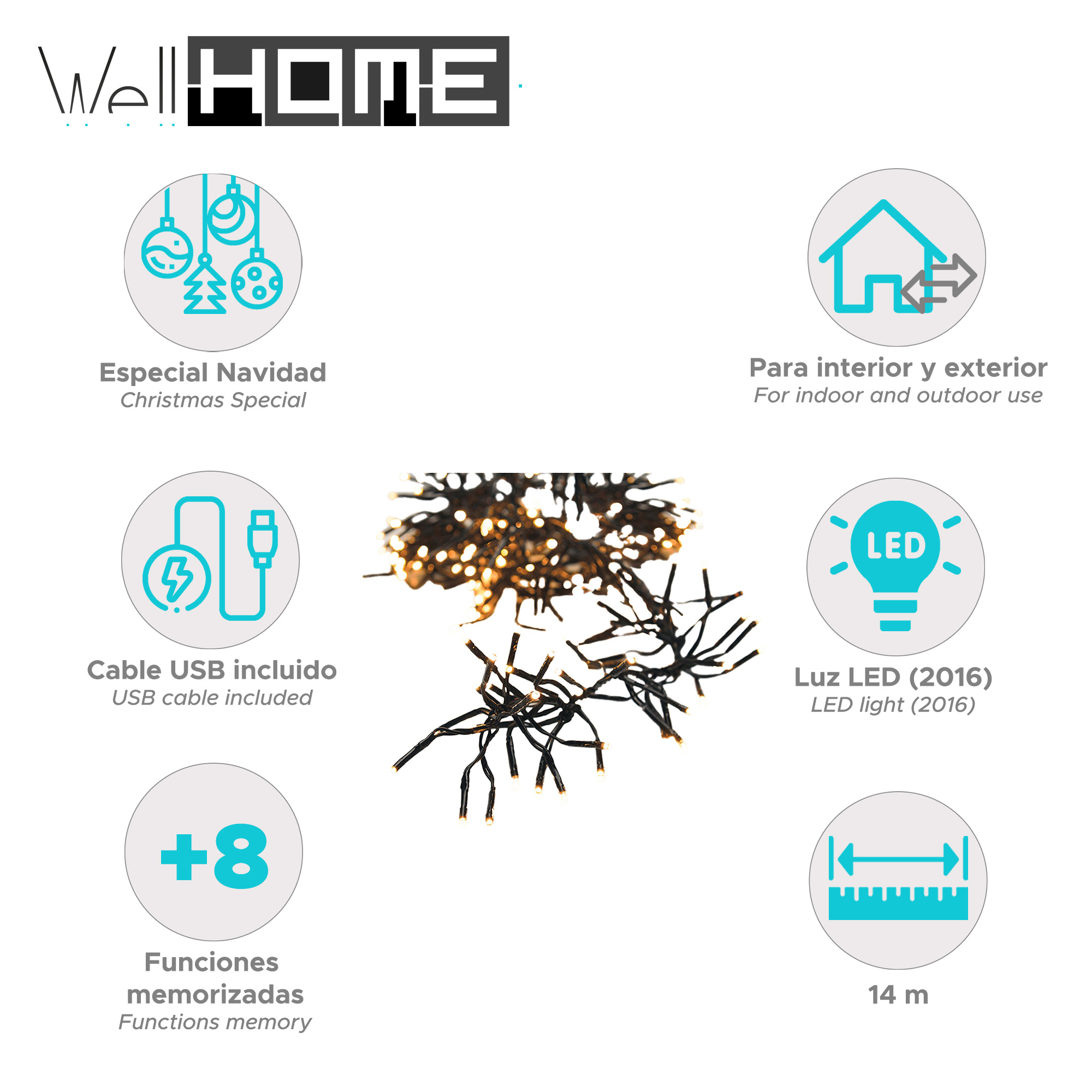 Luces navideñas con texto en inglés y español. Incluye cable USB, luz LED, funciones de memoria y 14 m de longitud.