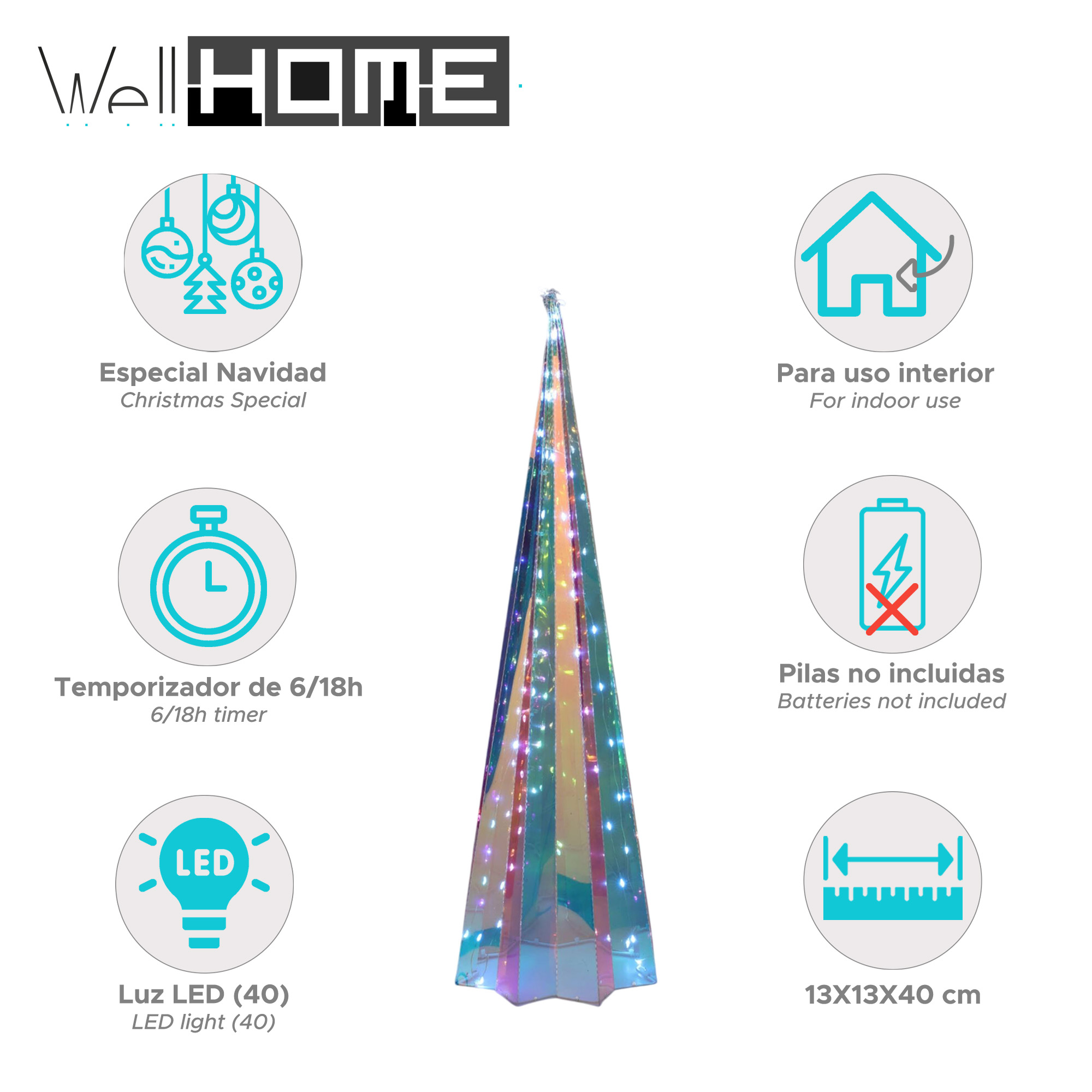 Una luz LED en forma de árbol de Navidad con varios iconos y texto: especial de Navidad, uso interior, temporizador, luz LED y tamaño.