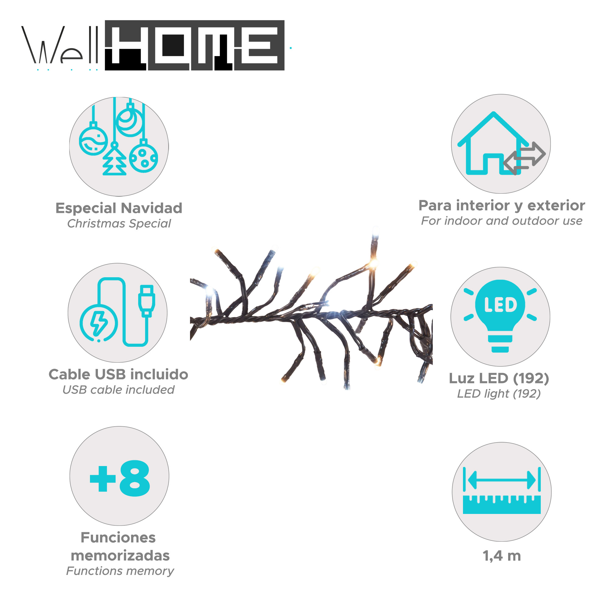 Imagen del producto con texto: Well HOME, decoraciones navideñas, luces LED, cable USB, uso interior/exterior.