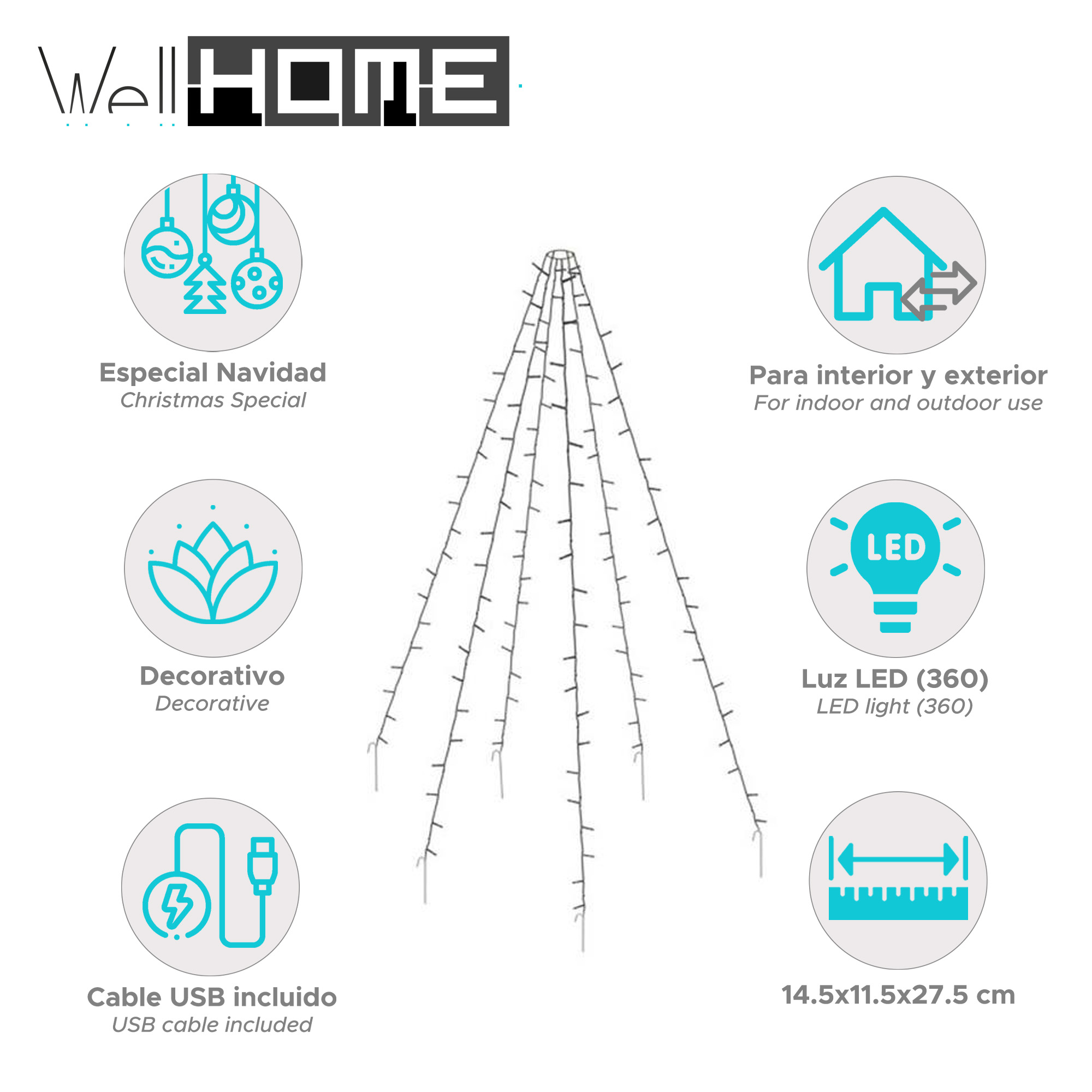 La imagen muestra un árbol de Navidad de luces, con iconos que indican características como cable USB, luces LED y uso interior/exterior.
