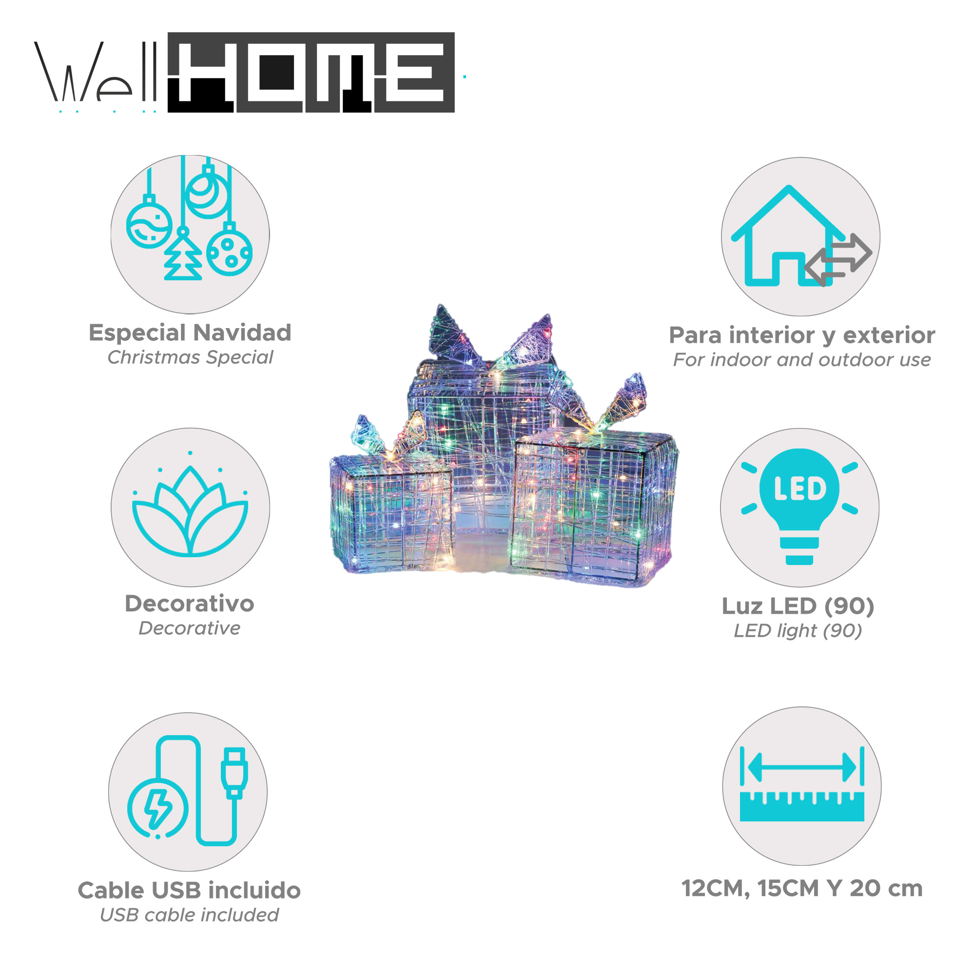 Decoración navideña con luces LED. Incluye cable USB. Dimensiones: 12cm, 15cm y 20 cm. Para uso interior y exterior.