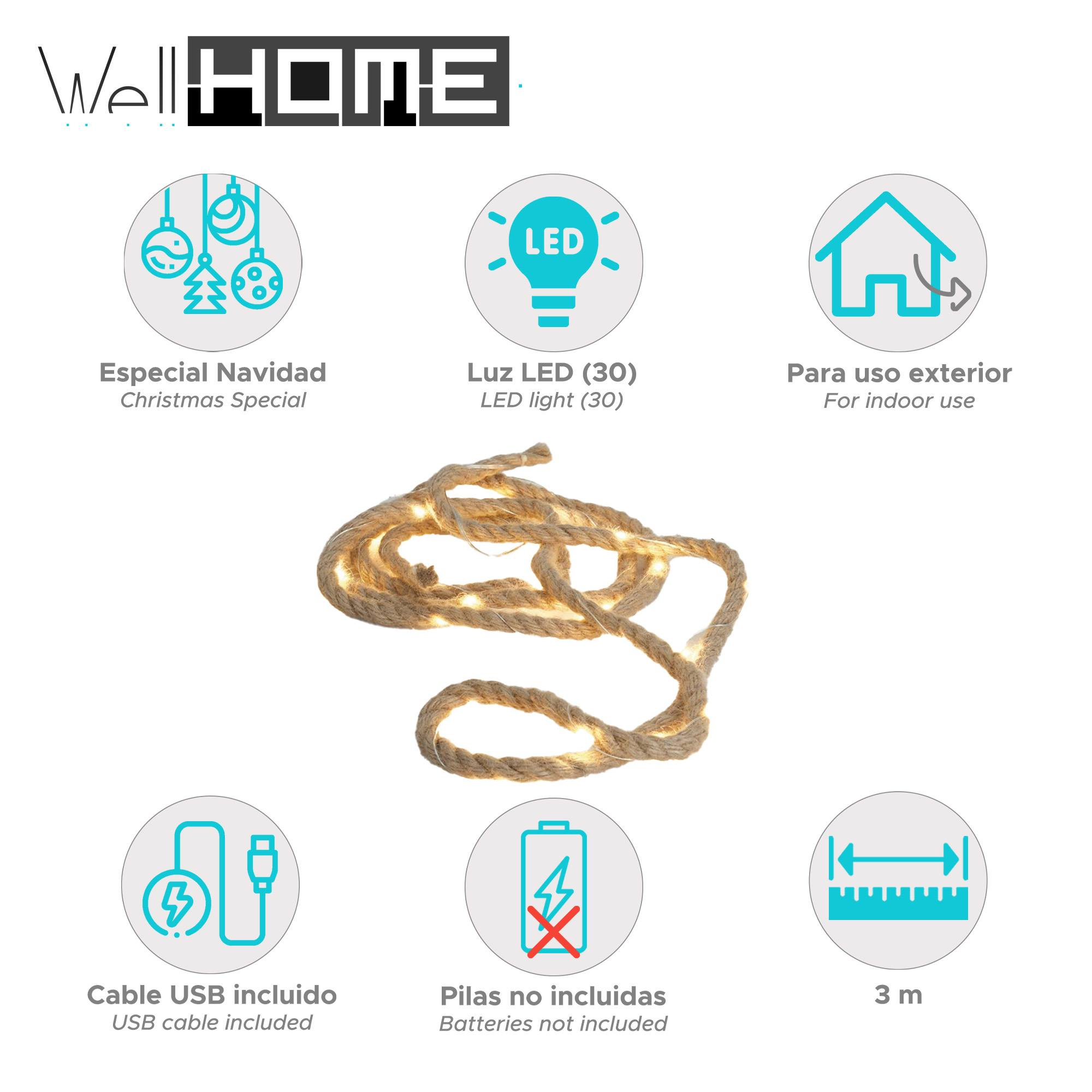 Una cuerda con luces pequeñas, rodeada de iconos con texto en español. Muestra Navidad y cable USB incluido.