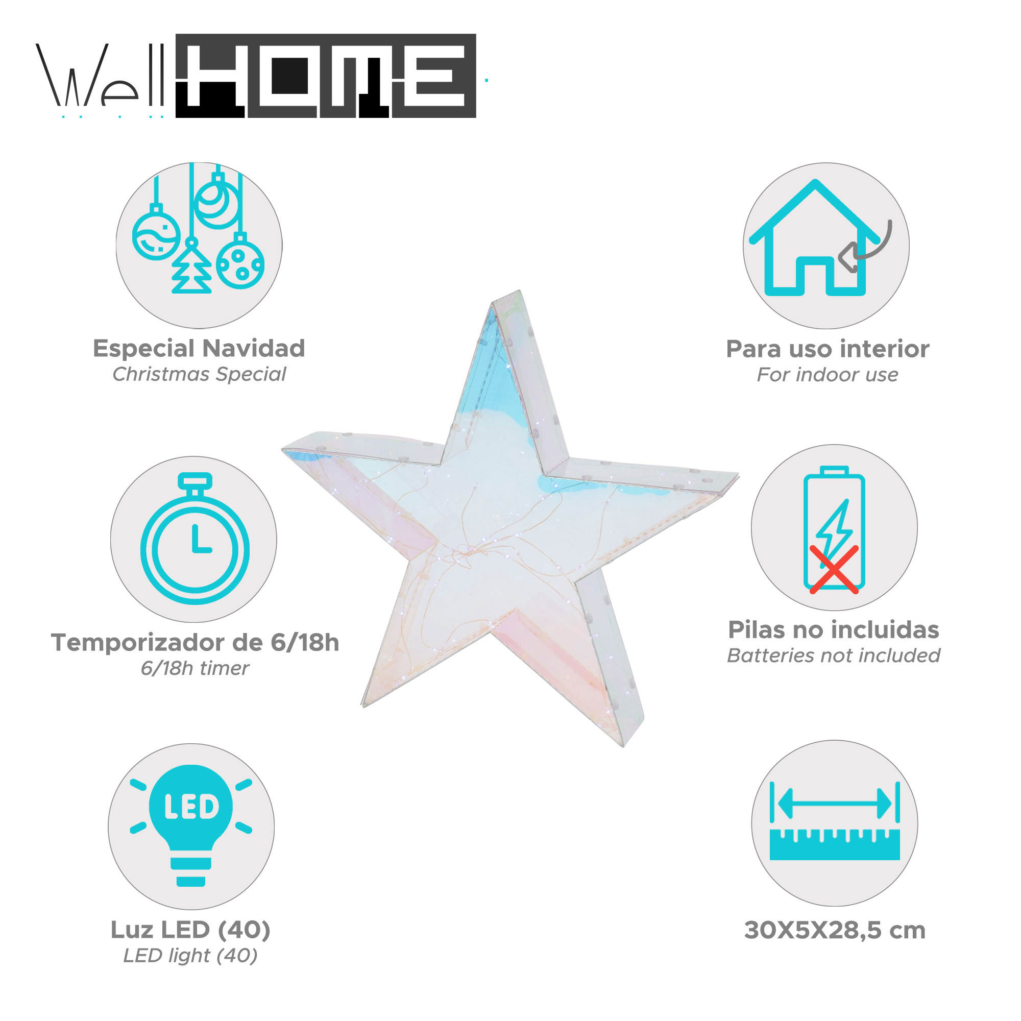 Una estrella decorativa, con luces LED, para Navidad. Texto en la imagen en diferentes idiomas. Es para uso interior.