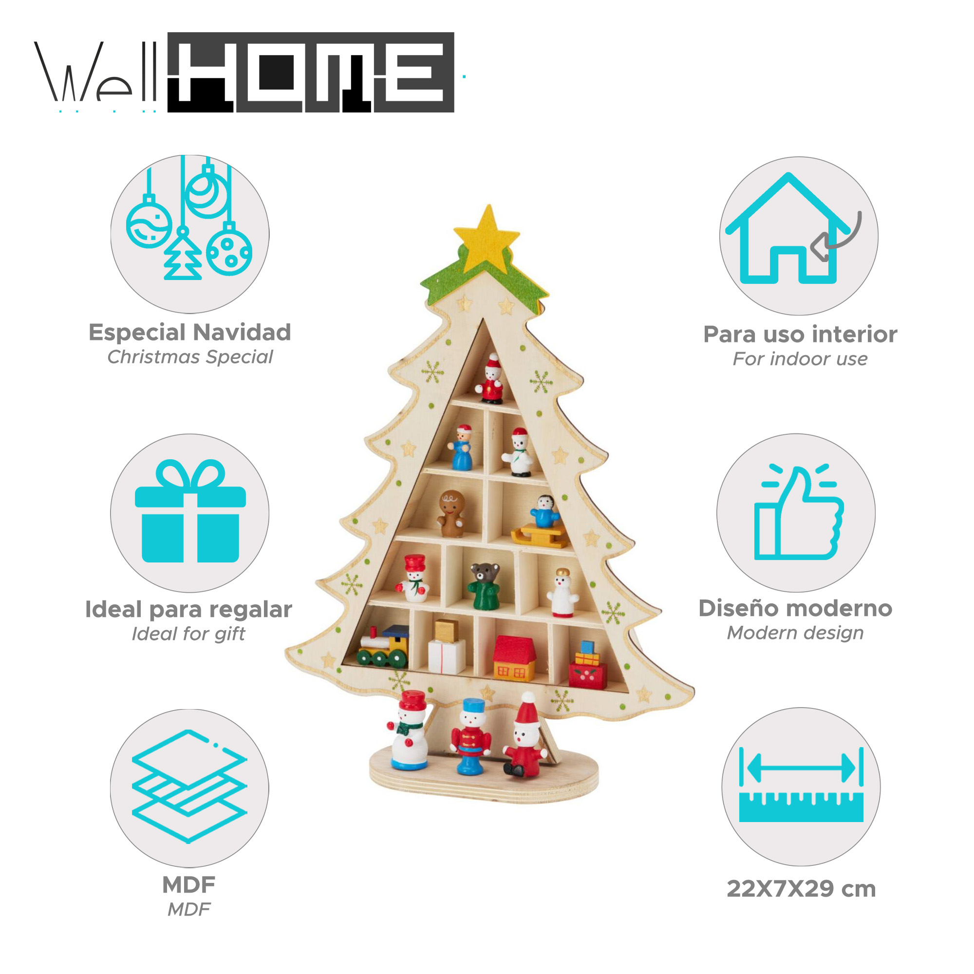 Estante de madera en forma de árbol de Navidad con figuras dentro. Tiene una estrella en la parte superior. Hay etiquetas de texto.