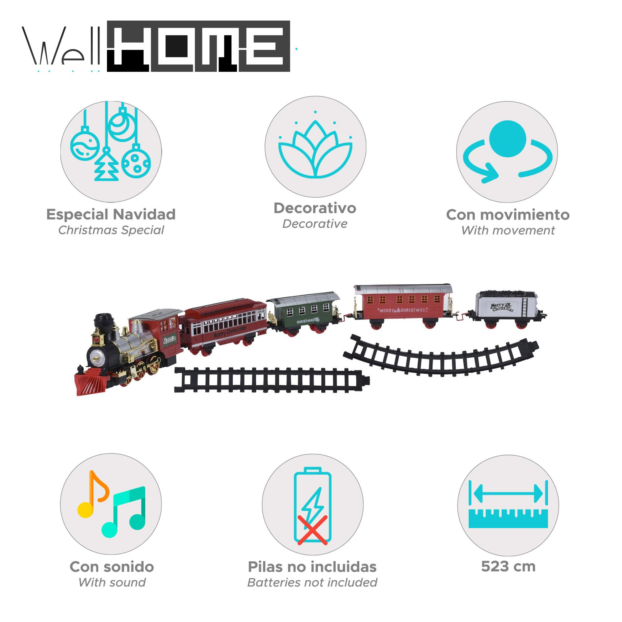 Un juego de trenes modelo sobre una superficie blanca. Incluye una locomotora roja y negra, vagones y una vía.