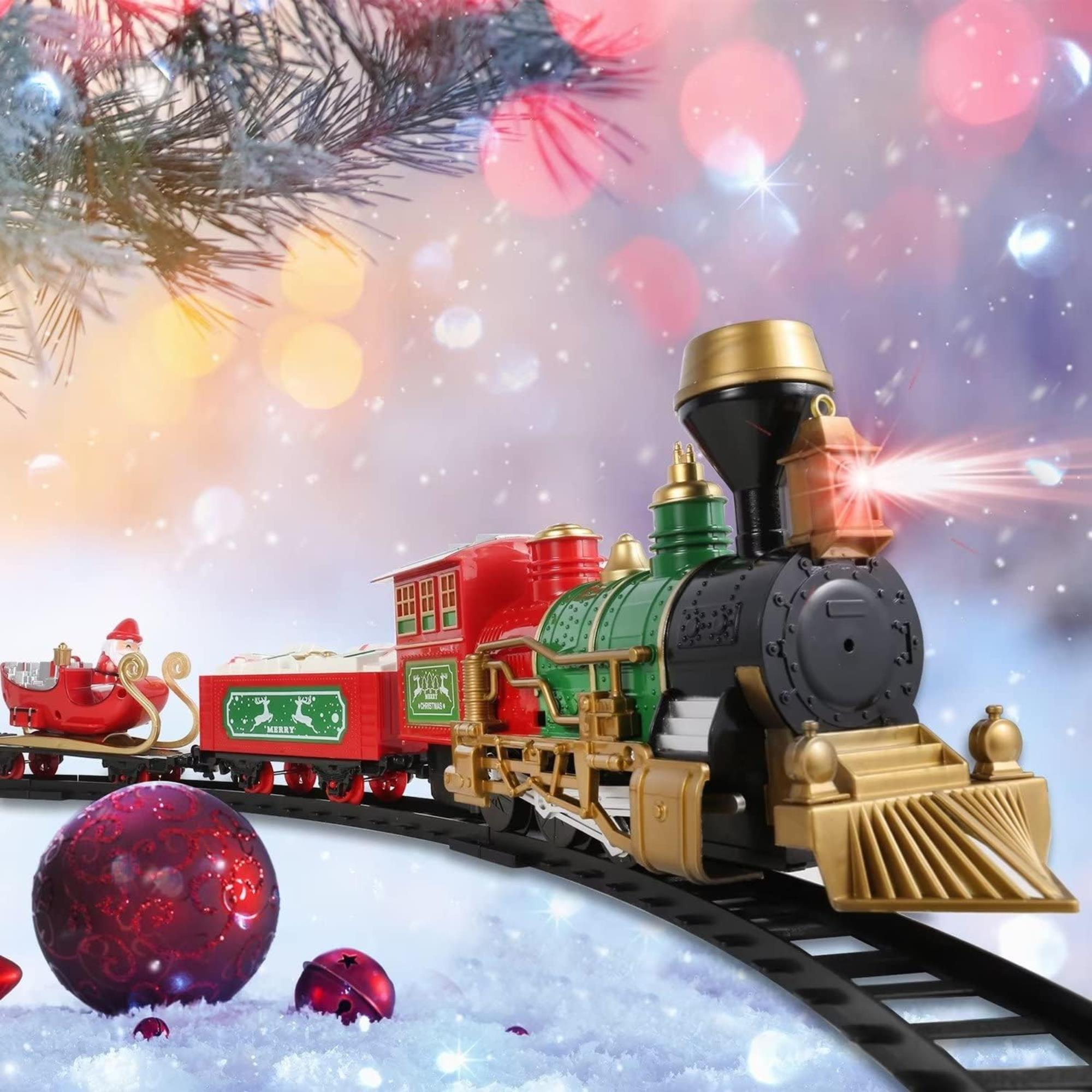 Un tren navideño con el trineo de Santa. Tiene colores rojo, verde y dorado. Las decoraciones incluyen adornos y nieve.