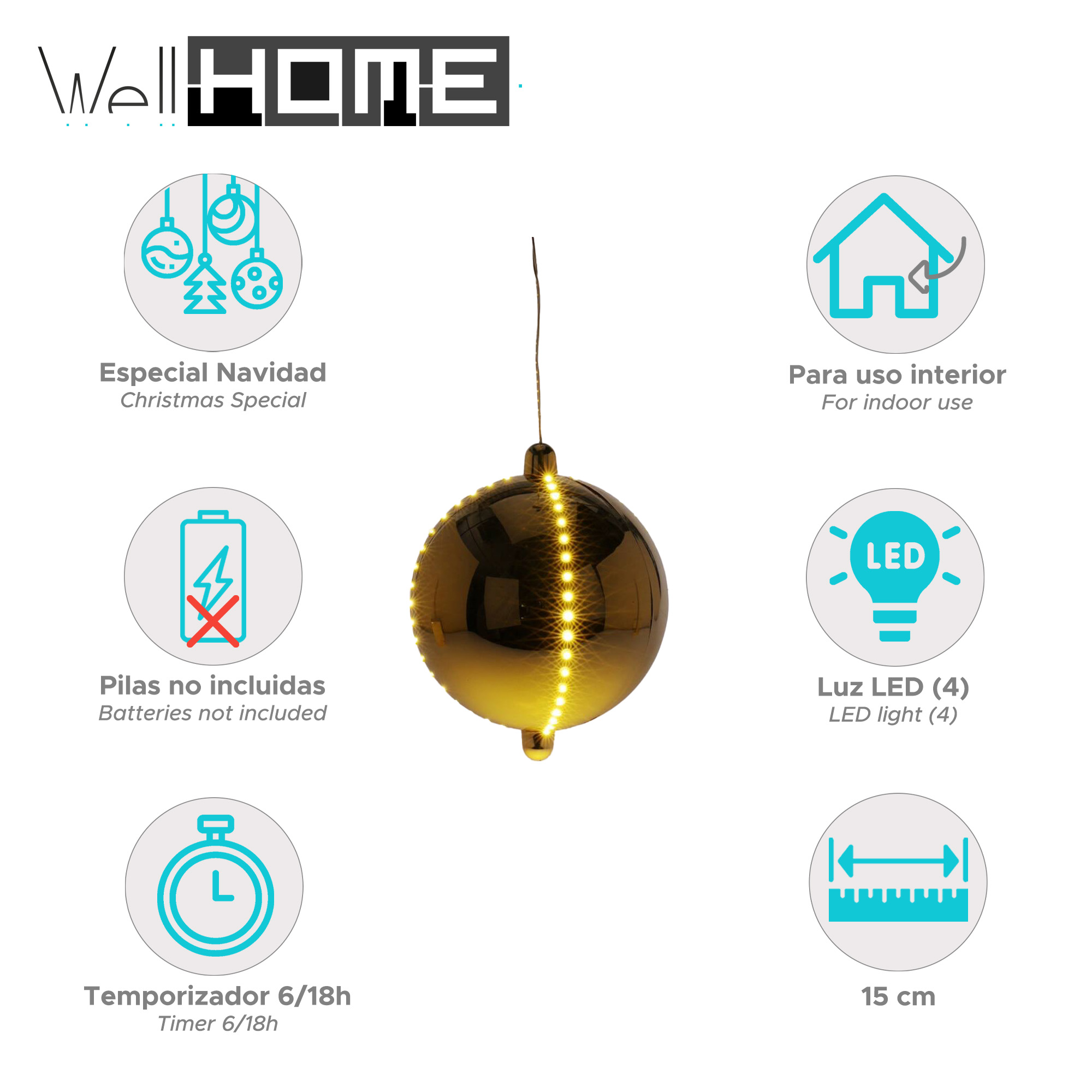 Un adorno navideño dorado con luces LED, rodeado de iconos que indican características como temporizador, tamaño y uso en interiores.