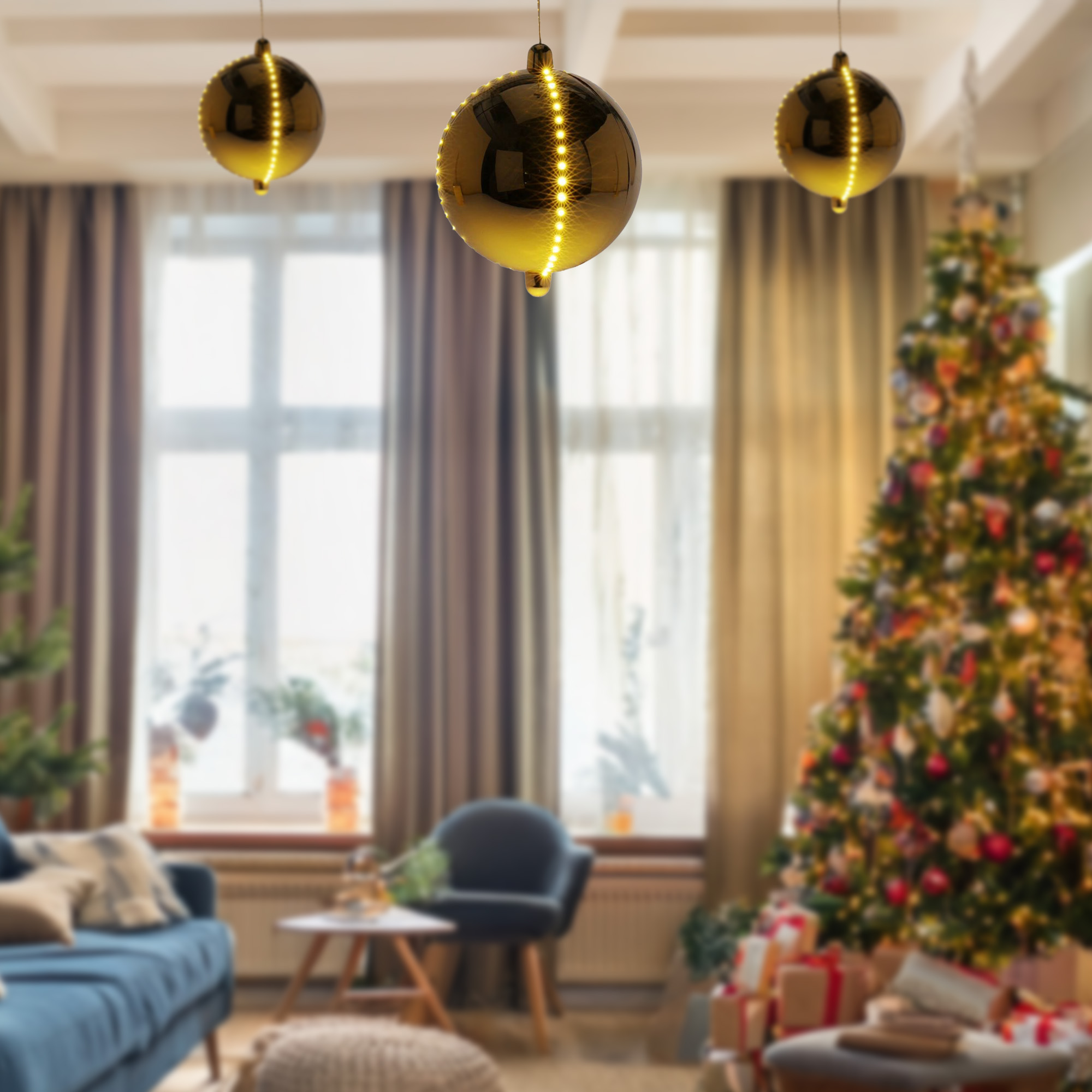 Un salón festivo con un árbol de Navidad, adornos iluminados y un sofá azul. La iluminación suave crea un ambiente cálido.