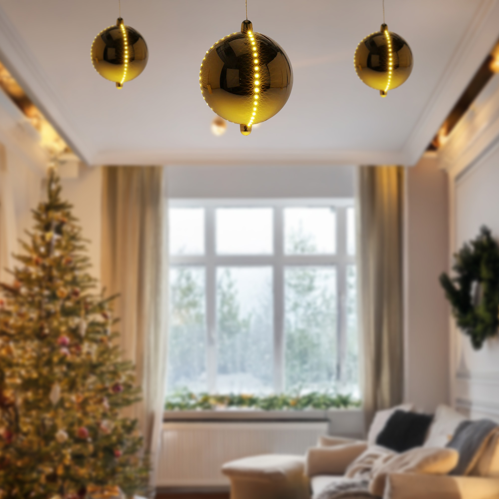 Escena interior festiva con adornos dorados, un árbol de Navidad y una corona. La habitación tiene una ventana grande.