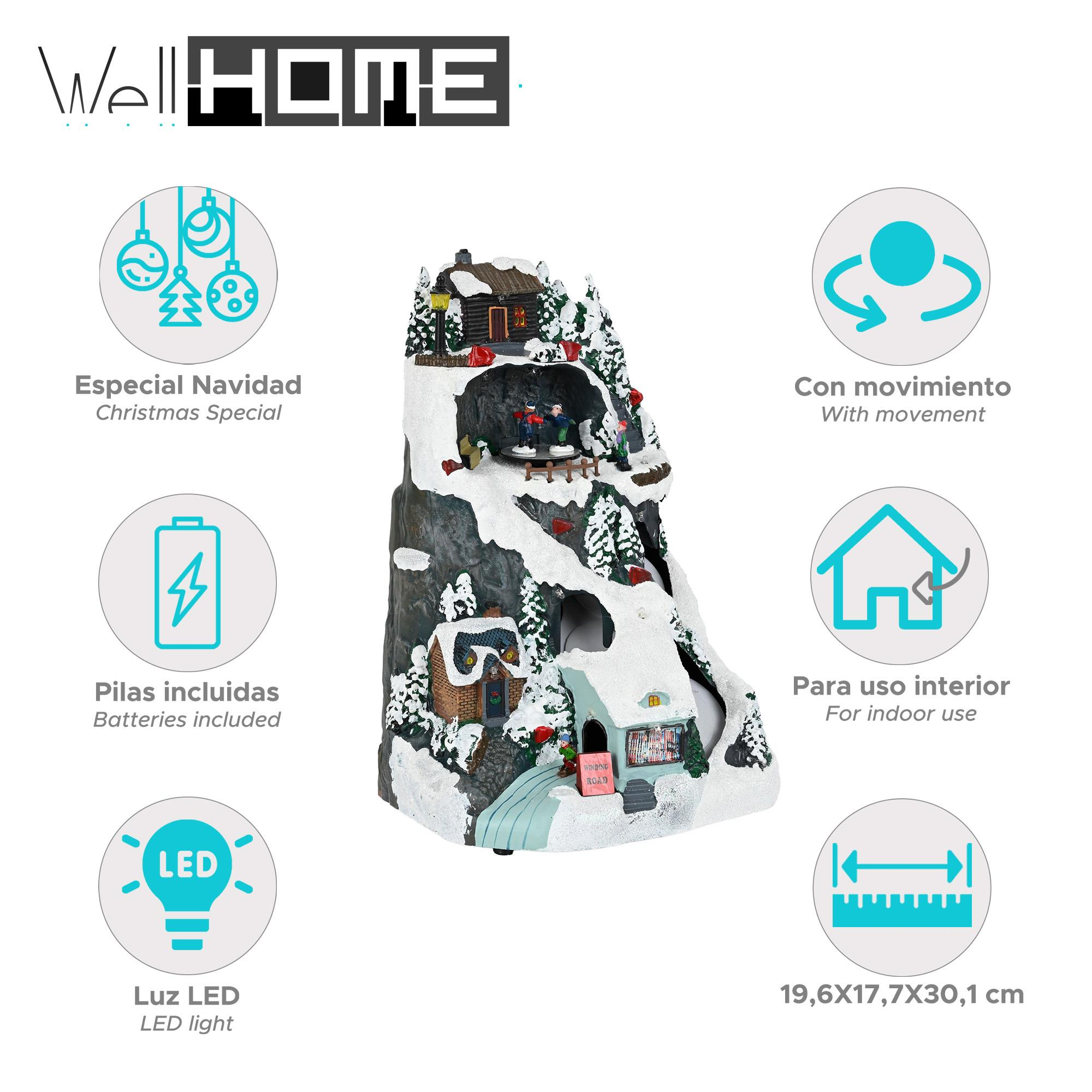 Una pieza decorativa navideña con casas, árboles y figuras en una montaña nevada. Incluye luces LED y es para uso en interiores.